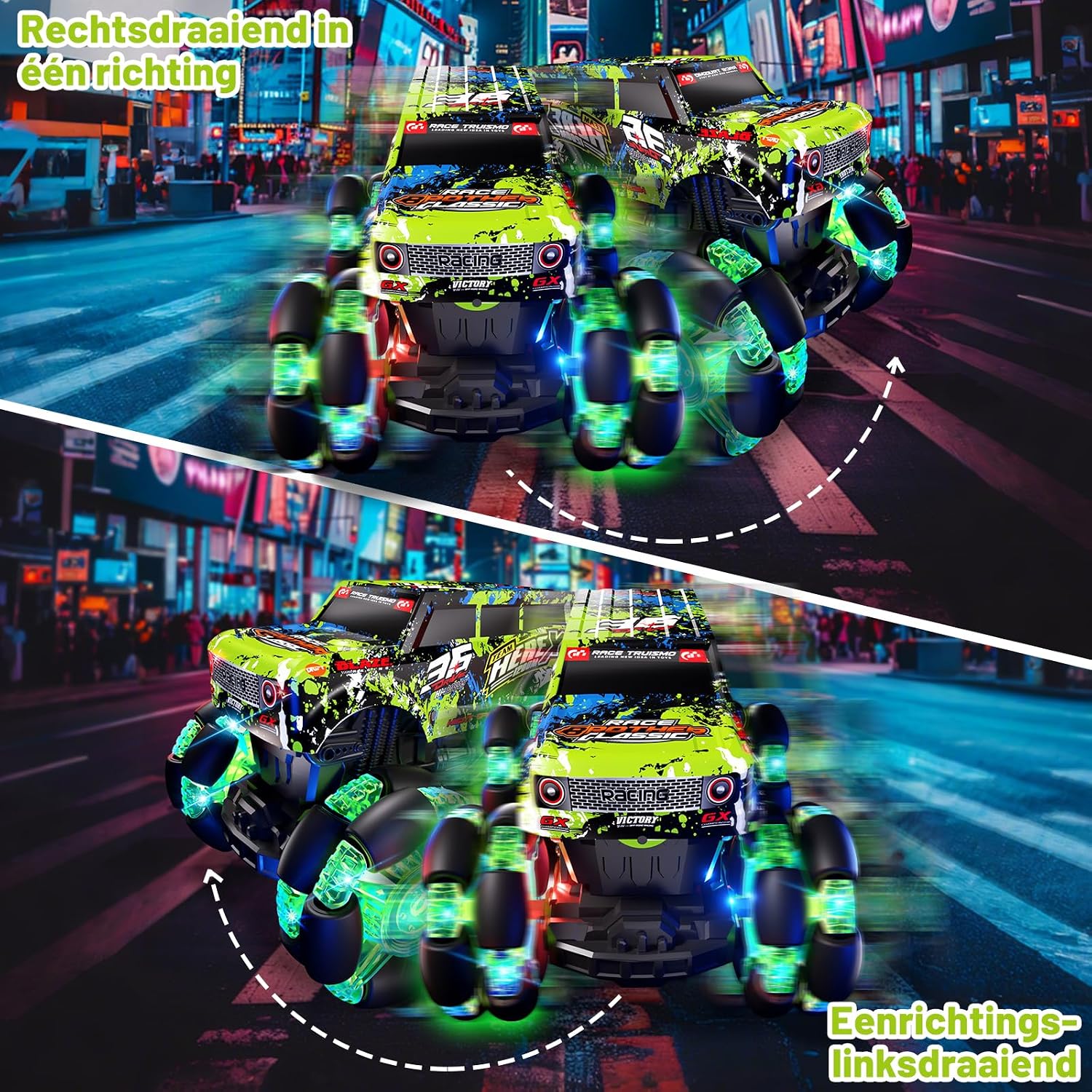 Detalle de PENGBU RC 000-033 RC-monstertruck met verlichting, muziek en 360°-draaiing