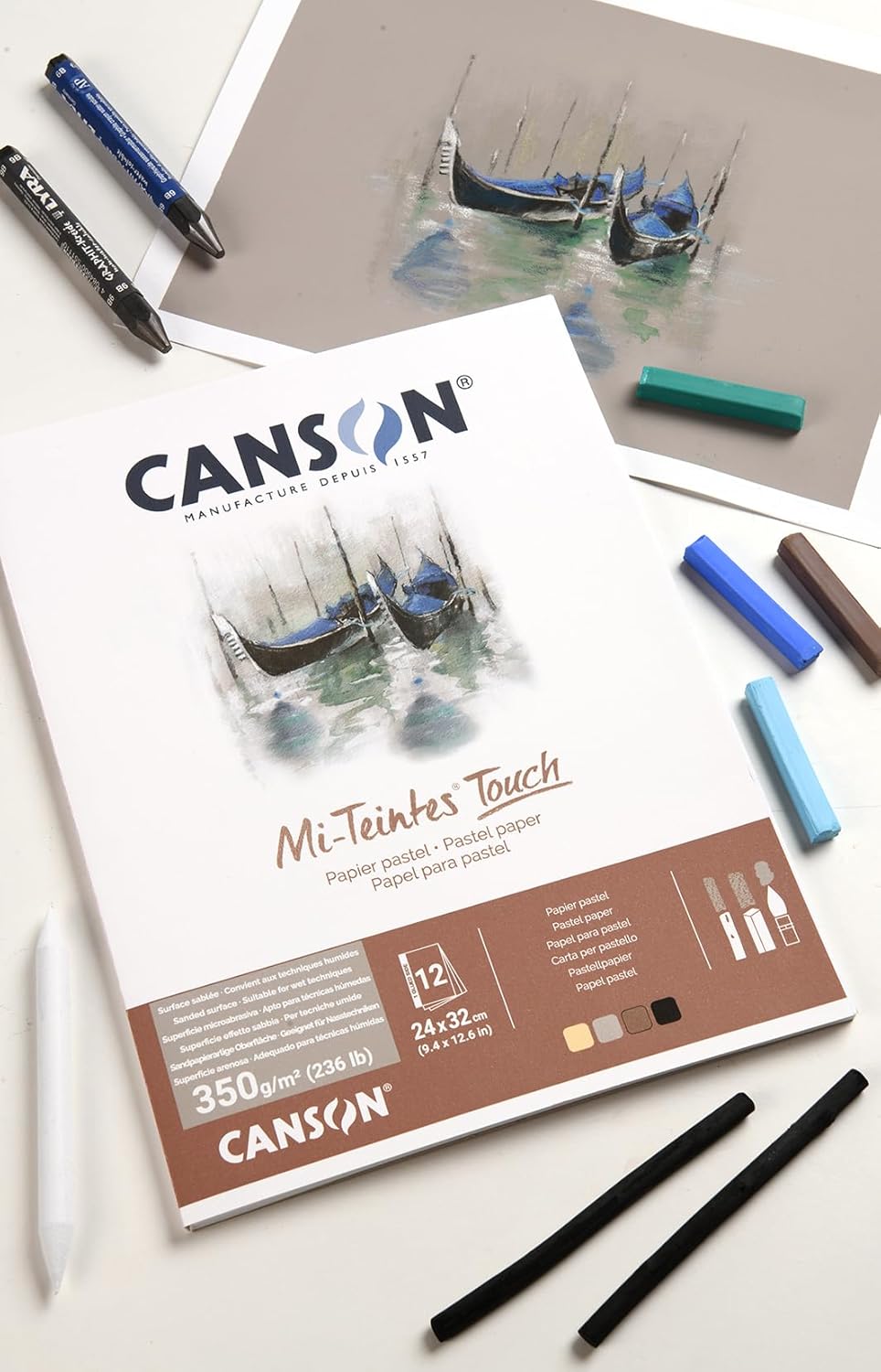 Detalle 2 de Canson Mi-Teintes Touch Blocco Collato Lungo 24 x 32 cm – 12 fogli, 4 colori assortiti (Crema, Grigio, Seppia, Nero) 350 g/m²