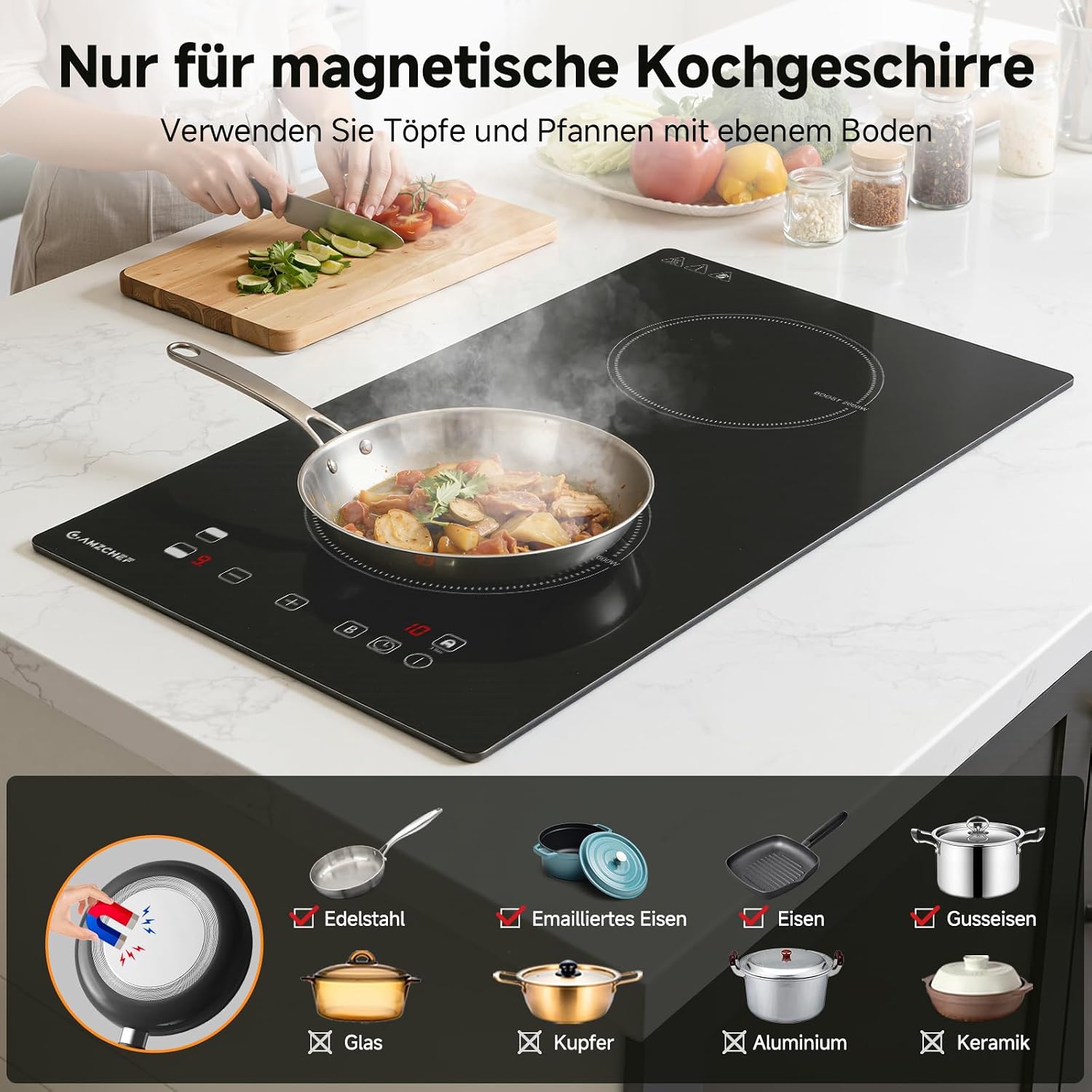 Thumbnail 6 de AMZCHEF Induktionskochfeld 2 Platten 3700W – Doppel-Induktionskochplatte mit Boost, Timer und Sicherheitsfunktionen
