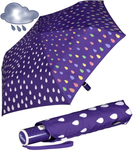 Detalle de iX-brella Raindrops Purple Automatik-Taschenschirm für Kinder – reflektierender Farbwechsel bei Nässe, leicht und kompakt