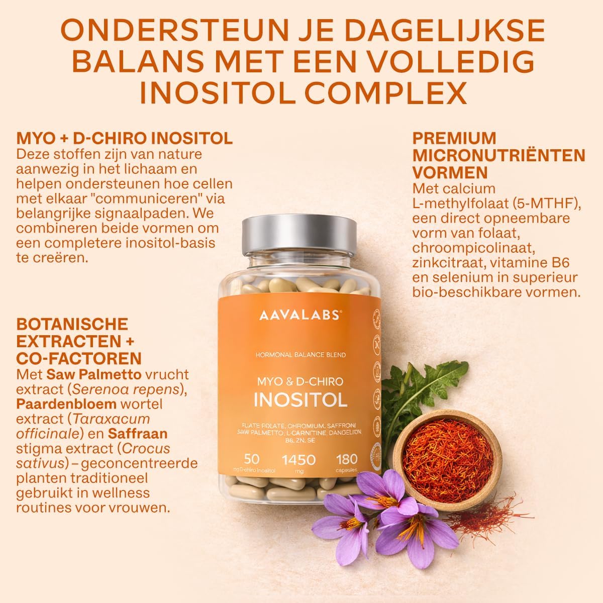 Detalle de AAVALABS Myo-Inositol & D-Chiro-Inositol capsules, 180 stuks, vegan