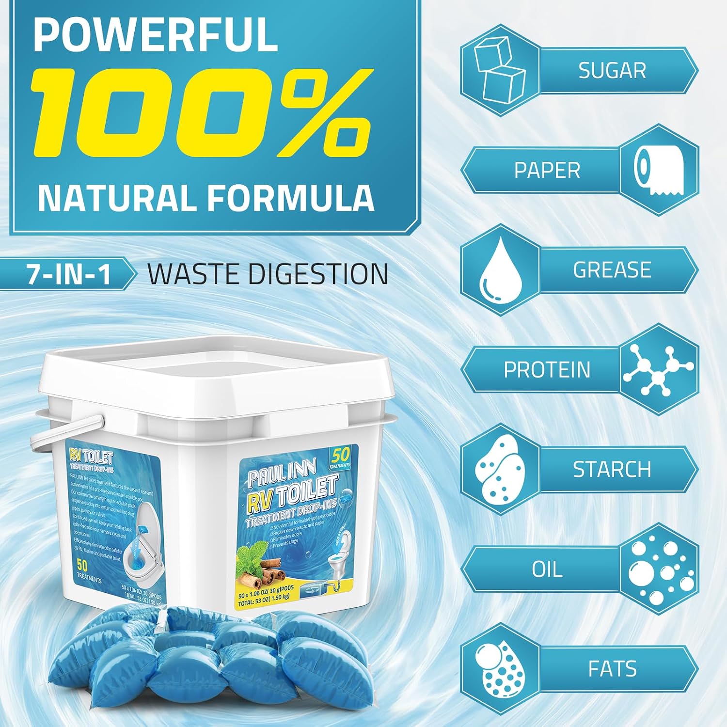Detalle 2 de PAULINN AP9031 RV Toilet Treatment, 50 Water-Soluble Pods