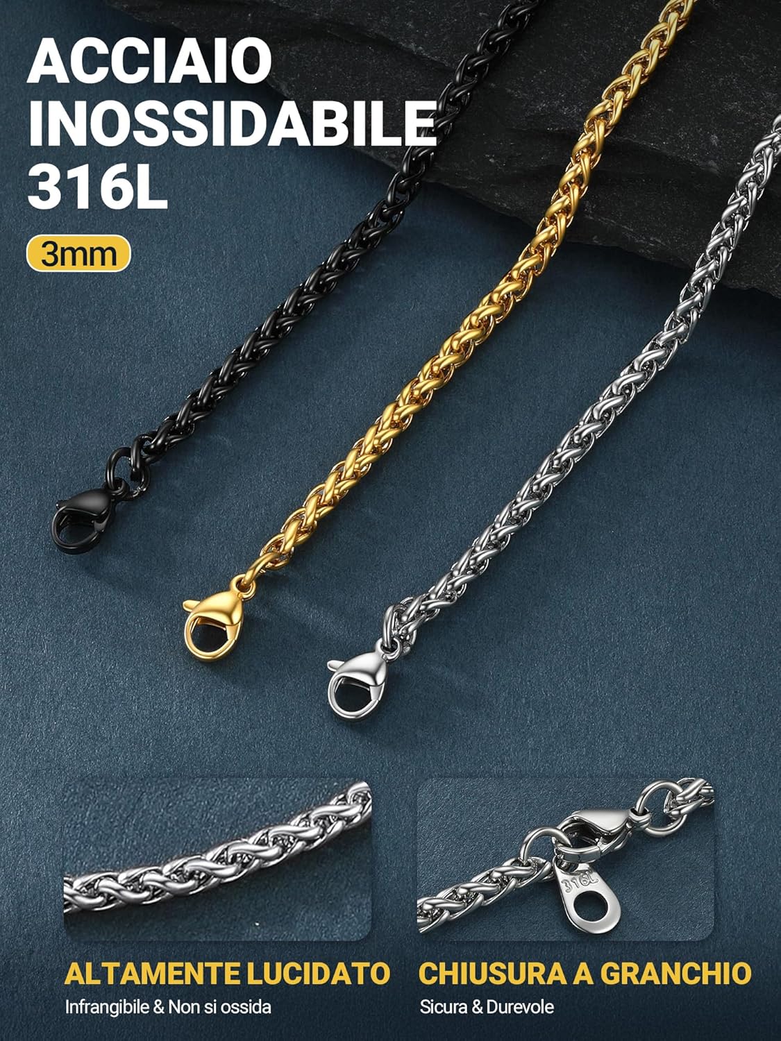 Thumbnail 4 de PROSTEEL Collana da uomo in acciaio 316L con catena grana “dente di drago” 3 mm, lunghezze 46–76 cm