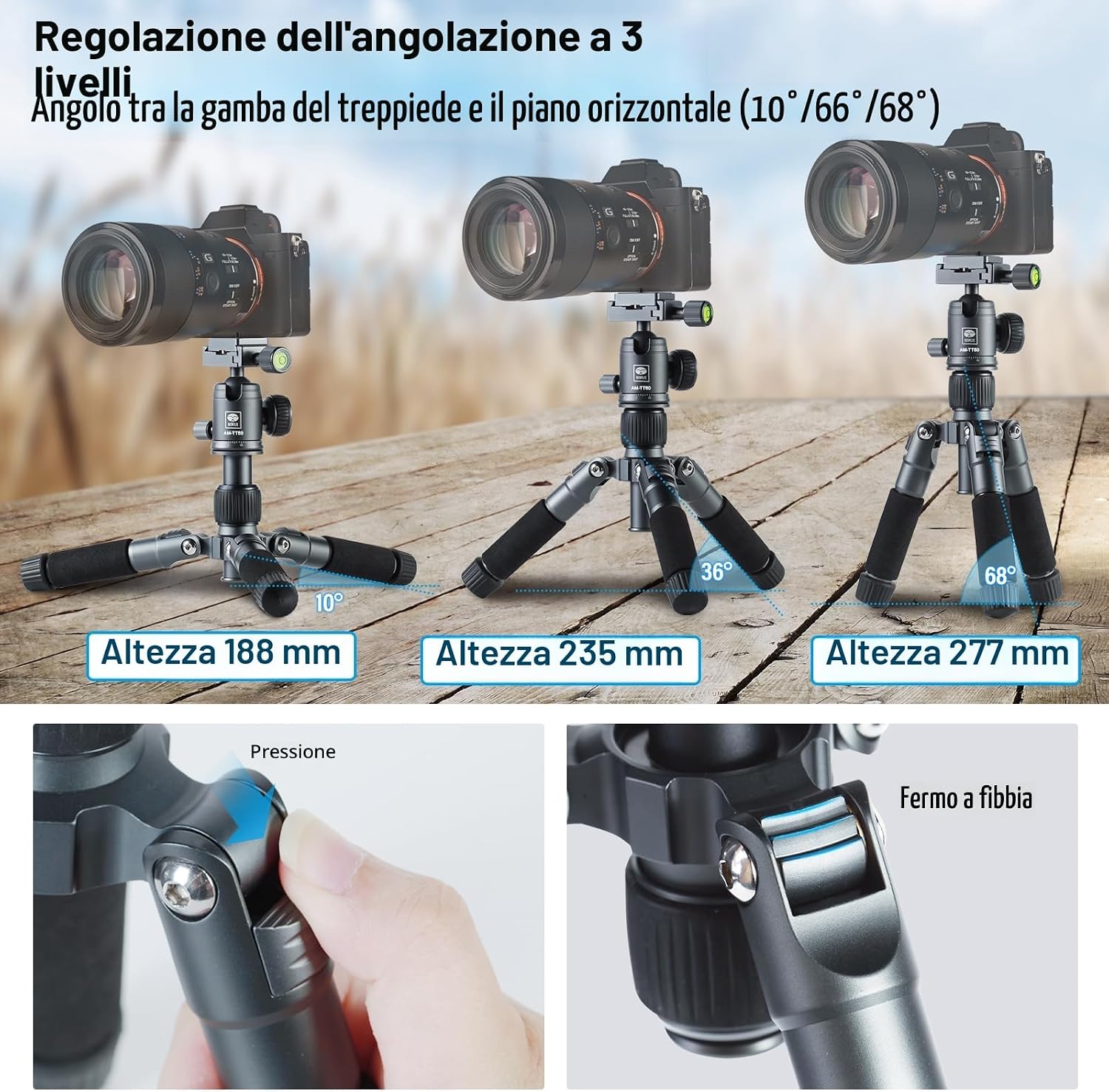Detalle de SIRUI AM-TT50: Treppiede da Tavolo Compatto con Testa Sfera 360° e Supporto per Smartphone