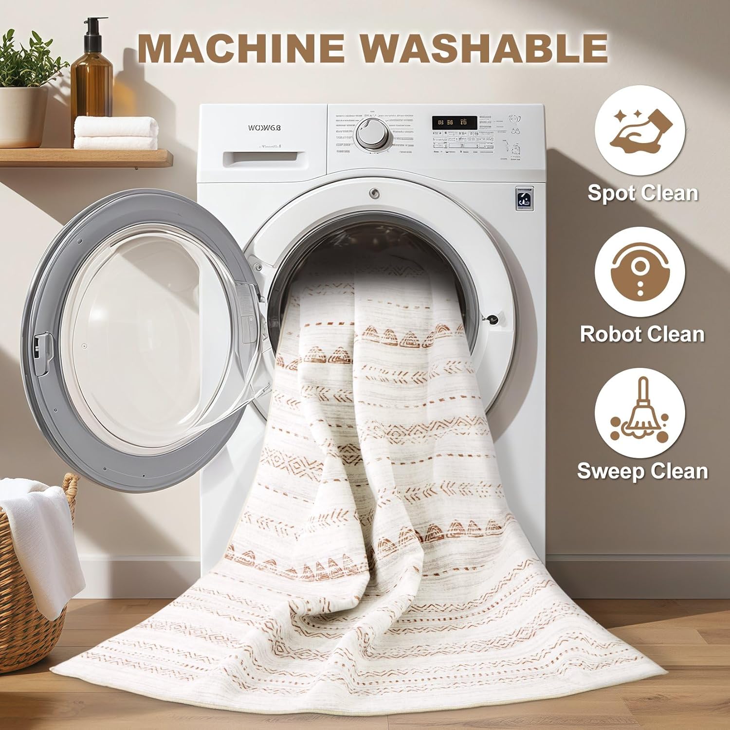 Thumbnail 1 de Nakagishi 8x10 Area Rug for Living Room, Boho Moroccan Style, Cream Brown (Machine Washable, Stain Resistant)