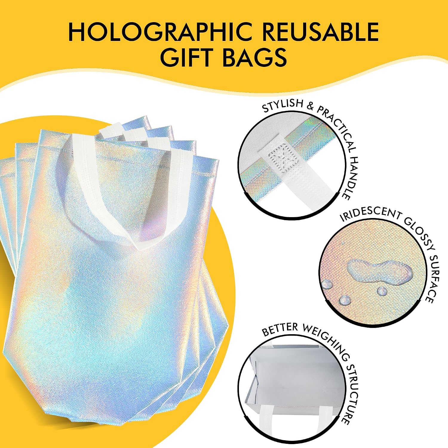 Thumbnail 2 de RACETOP 15-Piece Iridescent Glossy Gift Bags, Medium (8x4x10) with Handles – Reusable Holographic Party Essentials