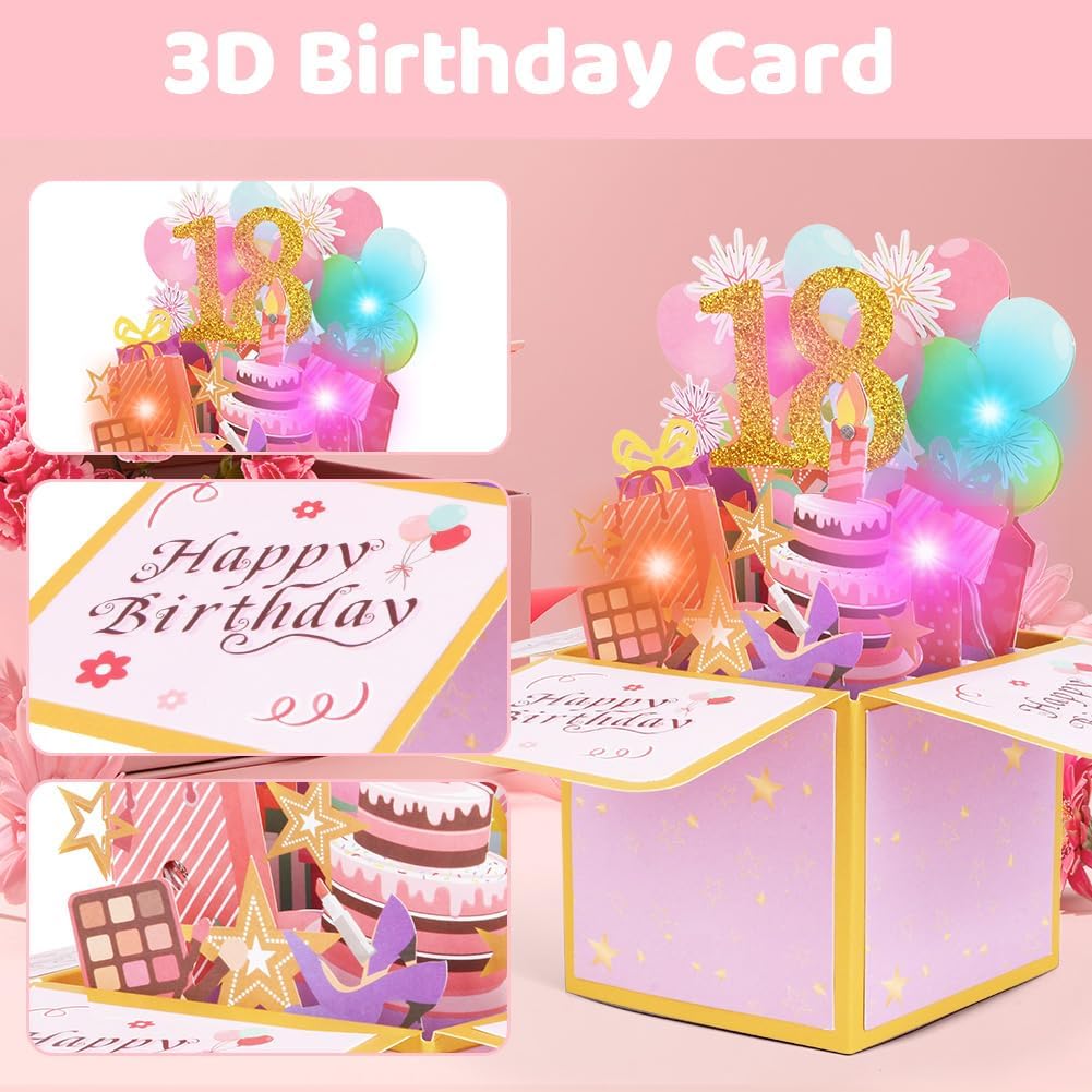 Detalle de Carte d’anniversaire 18 ans OFFCUP pop-up 3D musicale avec bougie à souffler et enveloppe (rose)