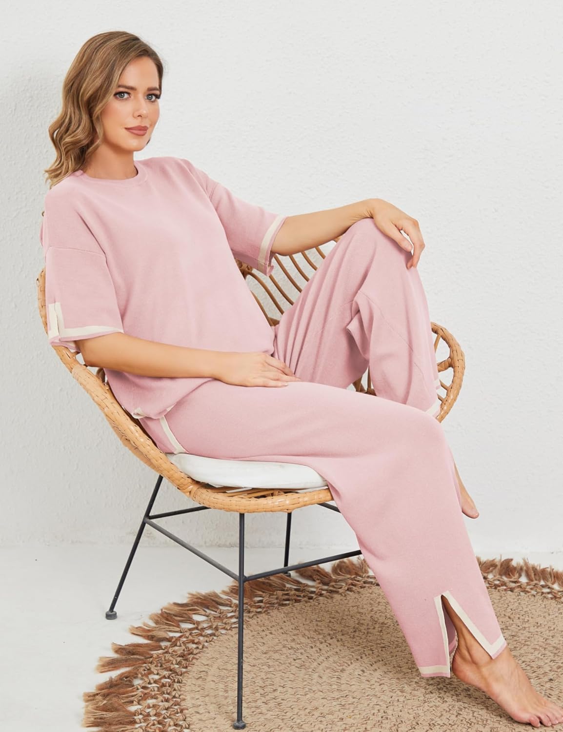 Detalle de Tanming Women’s 2-Piece Sweater Lounge Set (Short Sleeve Knit Pullover + Wide-Leg Pants)