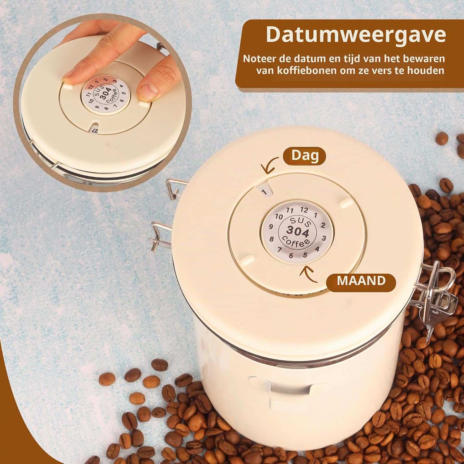 Detalle 2 de ACOMTUO luchtdichte koffiepot 1,8 liter van RVS met datumweergave en CO₂-ventiel