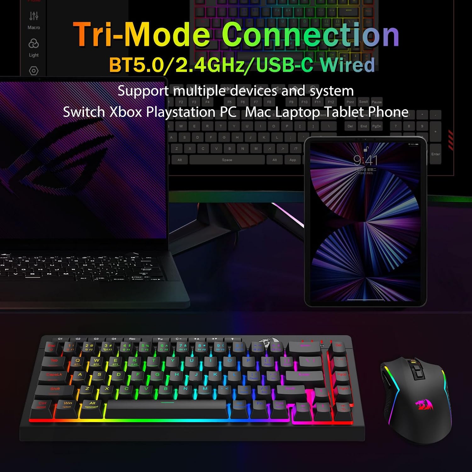 Detalle de Redragon Wireless Gaming Keyboard (Tri-Mode Bluetooth/2.4GHz/USB-C) – 60% Mini RGB Macro Keyboard