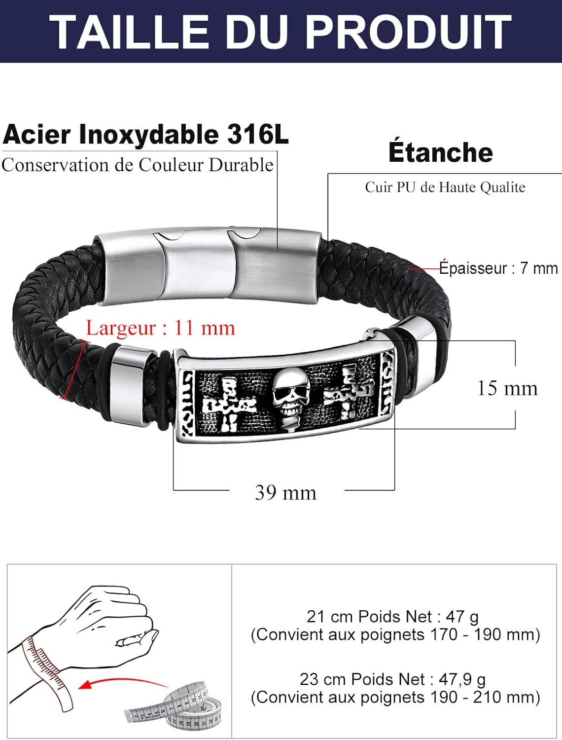Thumbnail 5 de Bandmax Bracelet Homme Cuir PU Tressé Noir 21/23 cm avec Manchette Marteau – Accessoire de mode Bandmax