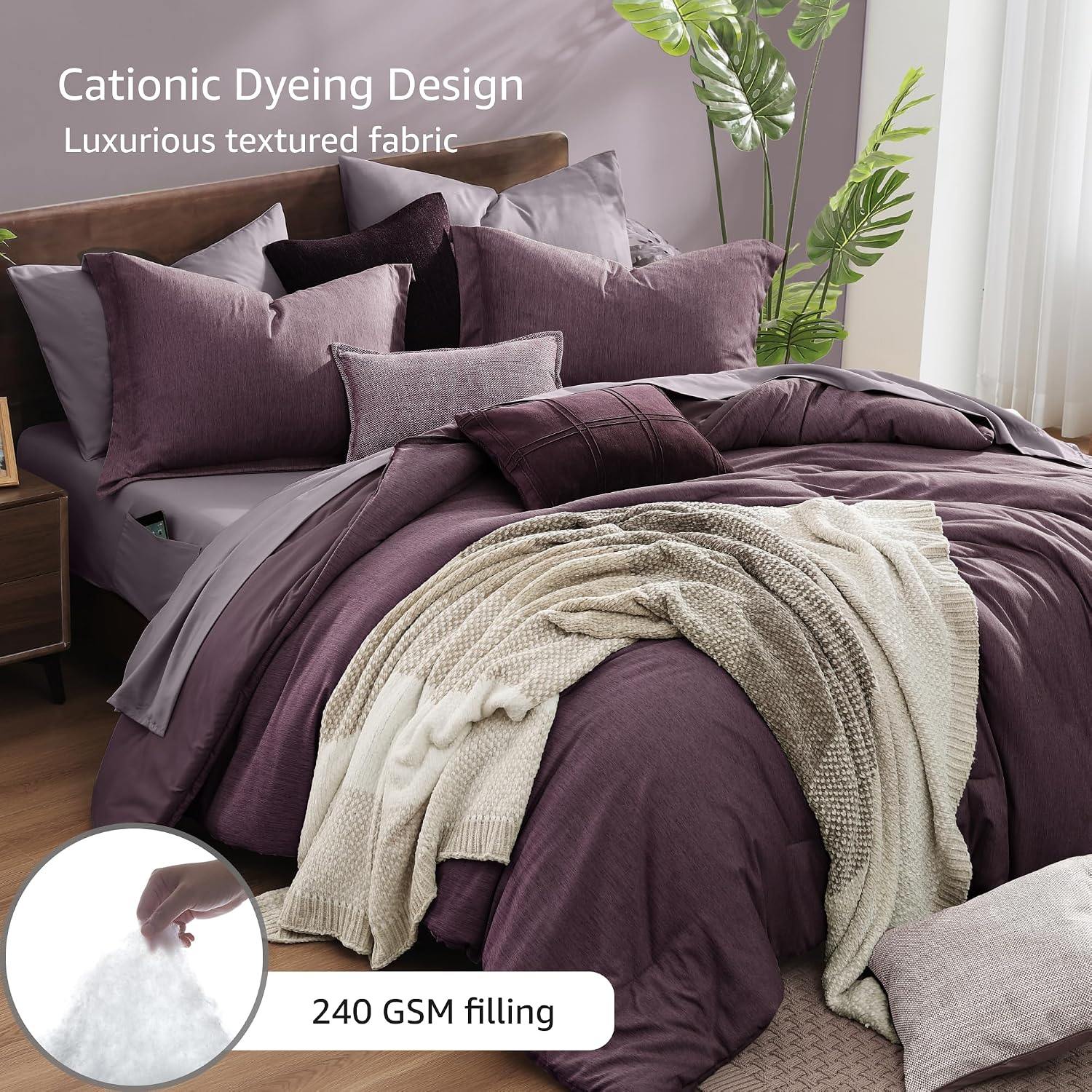 Detalle de Monbix Super King Plus Comforter Set, 7-Piece Italian Plum Bedding