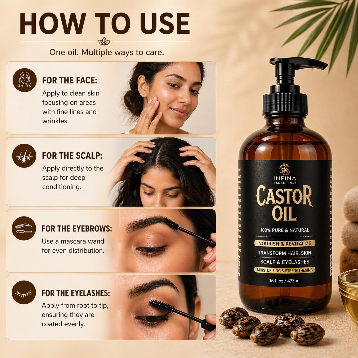 Detalle de INFINA ESSENTIALS Pure Cold Pressed Castor Oil (Hexane Free) — 16 fl oz Glass Bottle for Hair, Scalp, Skin & Eyelashes