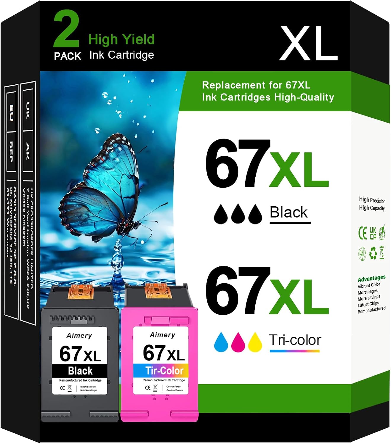 Detalle de Aimery 67XL Ink Cartridges, Black and Tri-Colour 2-Pack with Upgraded Chip