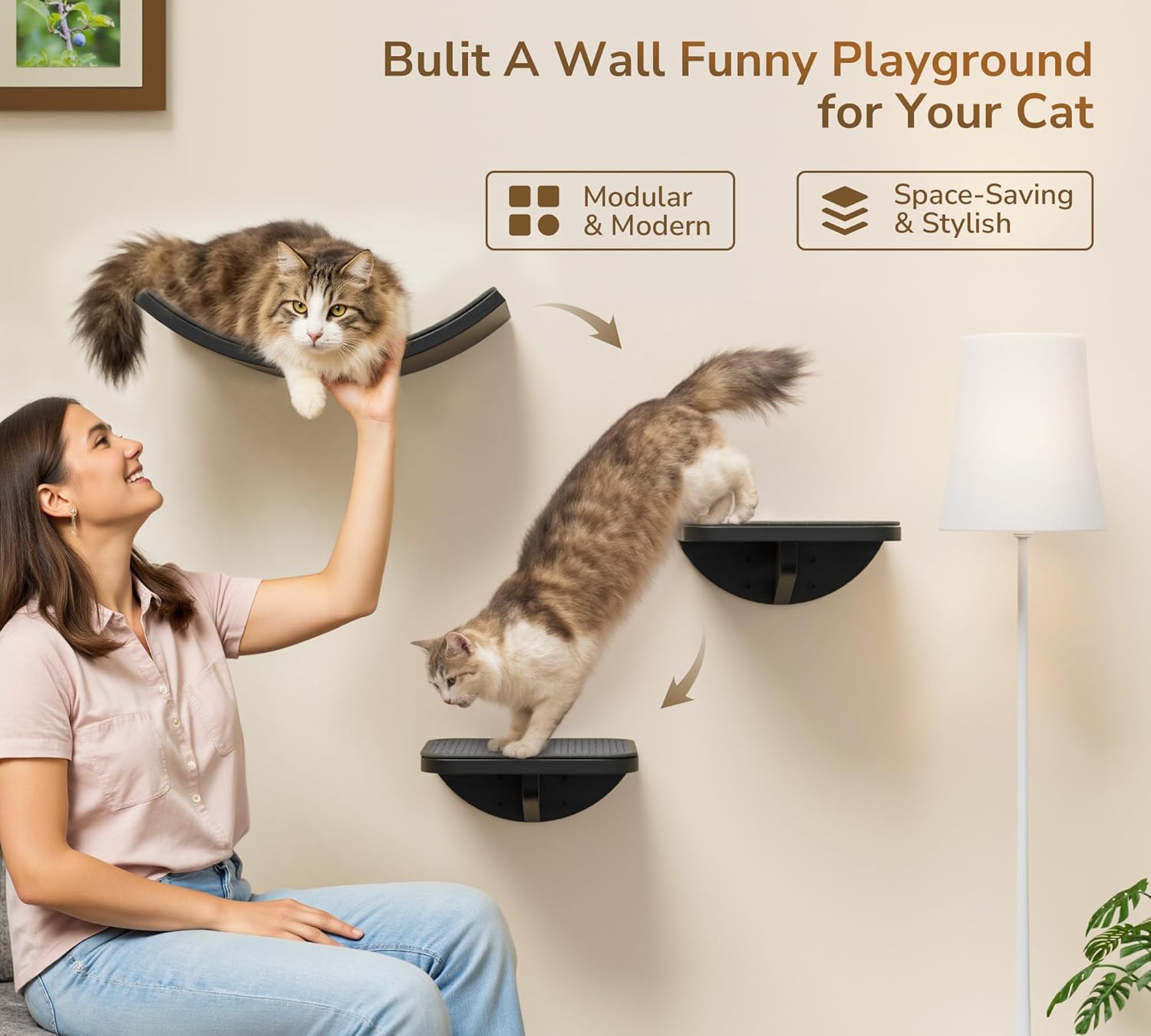 Detalle 2 de Curved Cat Wall Shelves with Scratching Mat: Wall-Mmounted Play & Sleep Platform