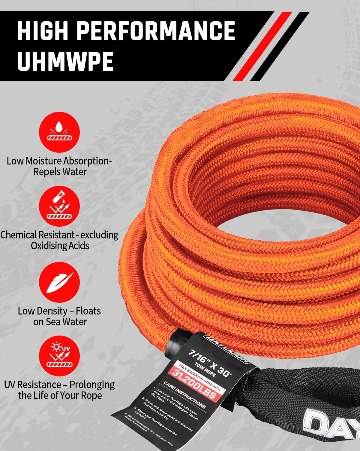 Thumbnail 4 de DAYDOOR Recovery Tow Rope Kit with 2 Soft Shackles (7/16 in x 30 ft) – 31,200 lb UHMWPE