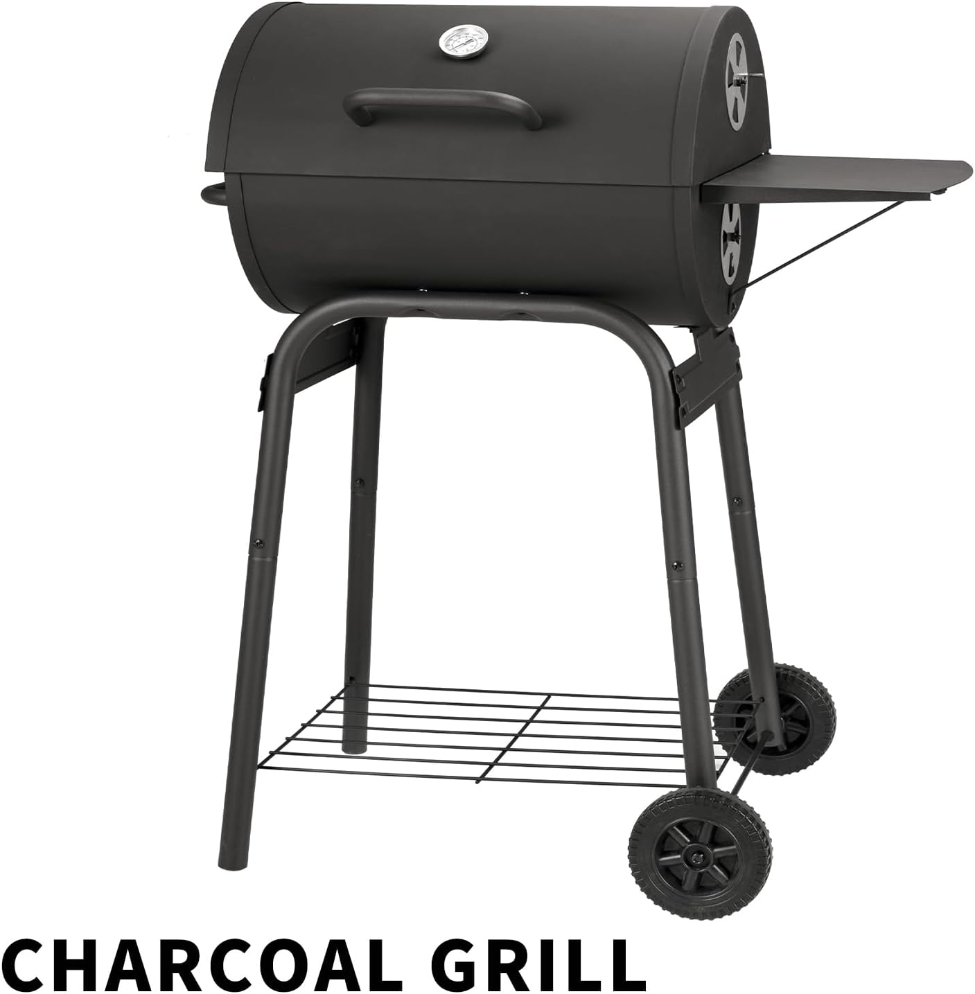 Detalle de Holzkohlegrill-Kesselwagen mit Deckel – großer Fass-Grill, Thermometer, Grillrost & Warmhaltegitter