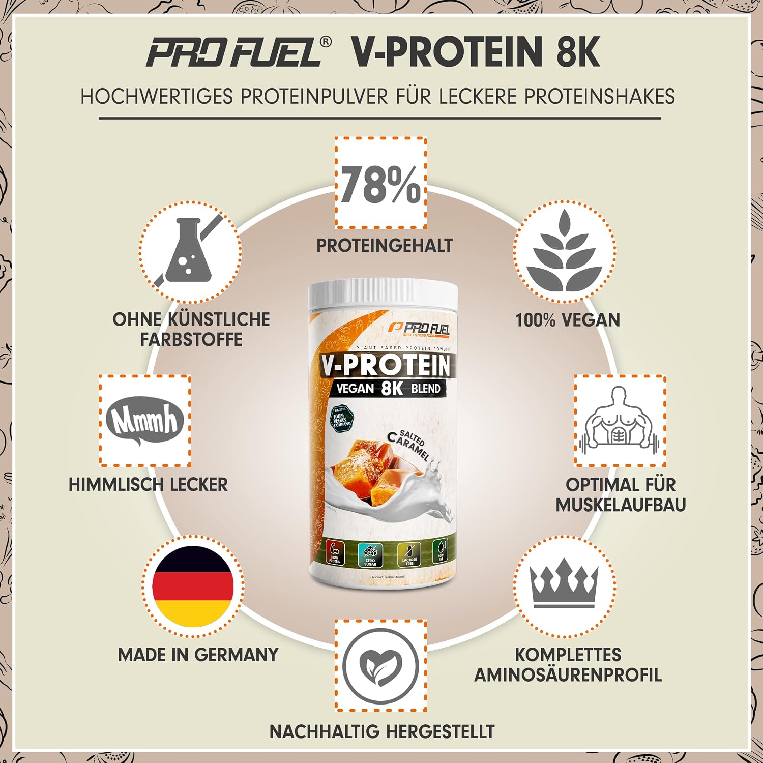 Detalle 2 de ProFuel Vegan Protein – Salted Caramel (V-Protein 8K Blend) mit 78% Eiweiß
