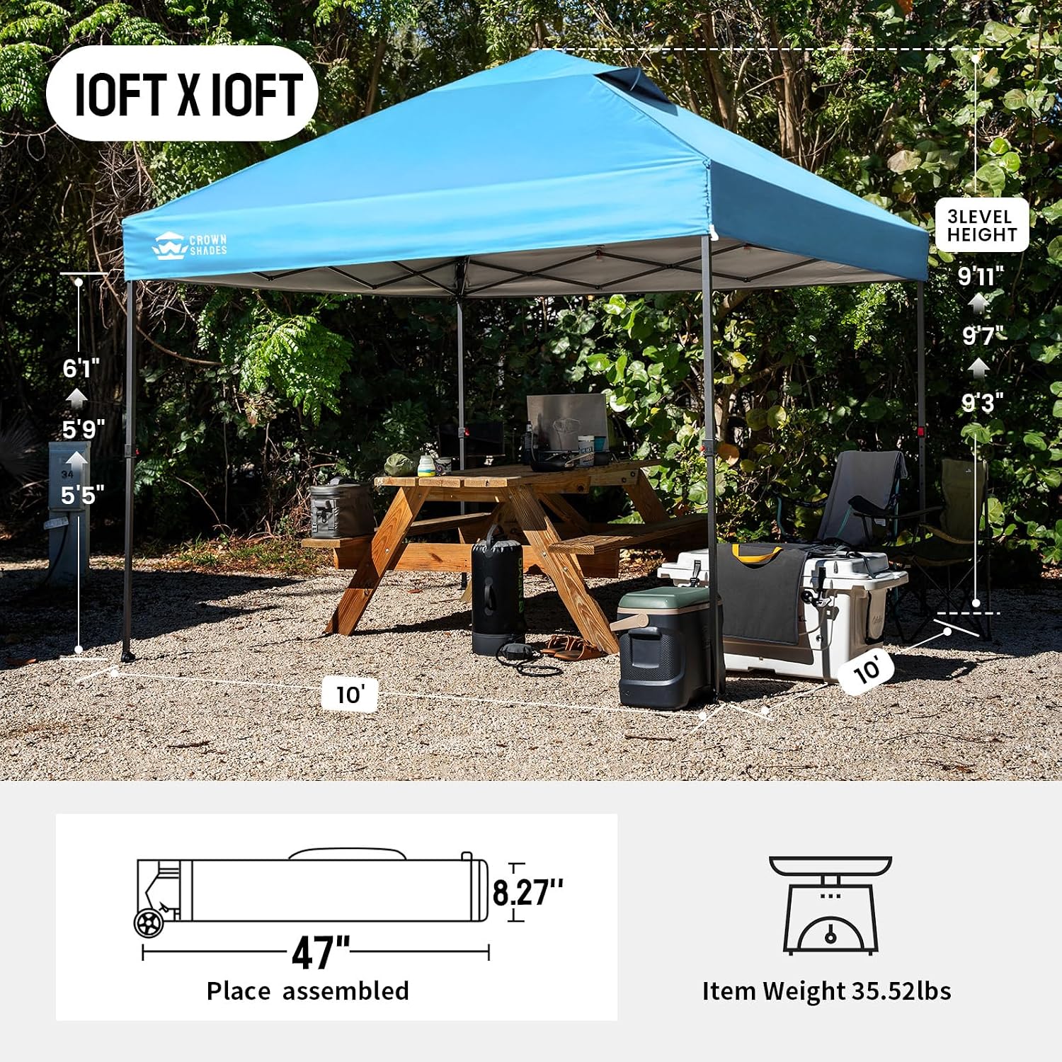 Thumbnail 1 de CROWN SHADES RS100C 10x10 Pop-Up Canopy with One-Push Lock, Sky Blue