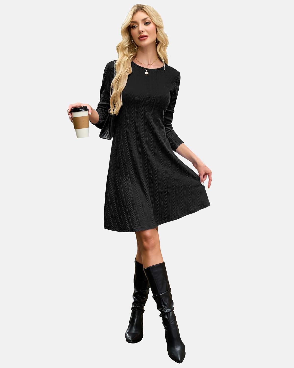 Thumbnail 4 de AUSELILY Strickkleid Herbst Damen – leichtes Langarm-Pulloverkleid mit Rundhalsausschnitt