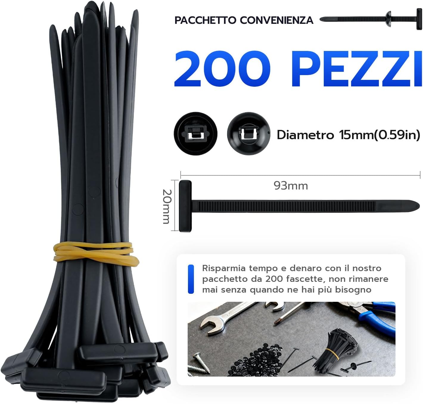 Detalle de Tolesum Fascette in plastica universali in nylon/PP, 200 pezzi per fissaggi e auto