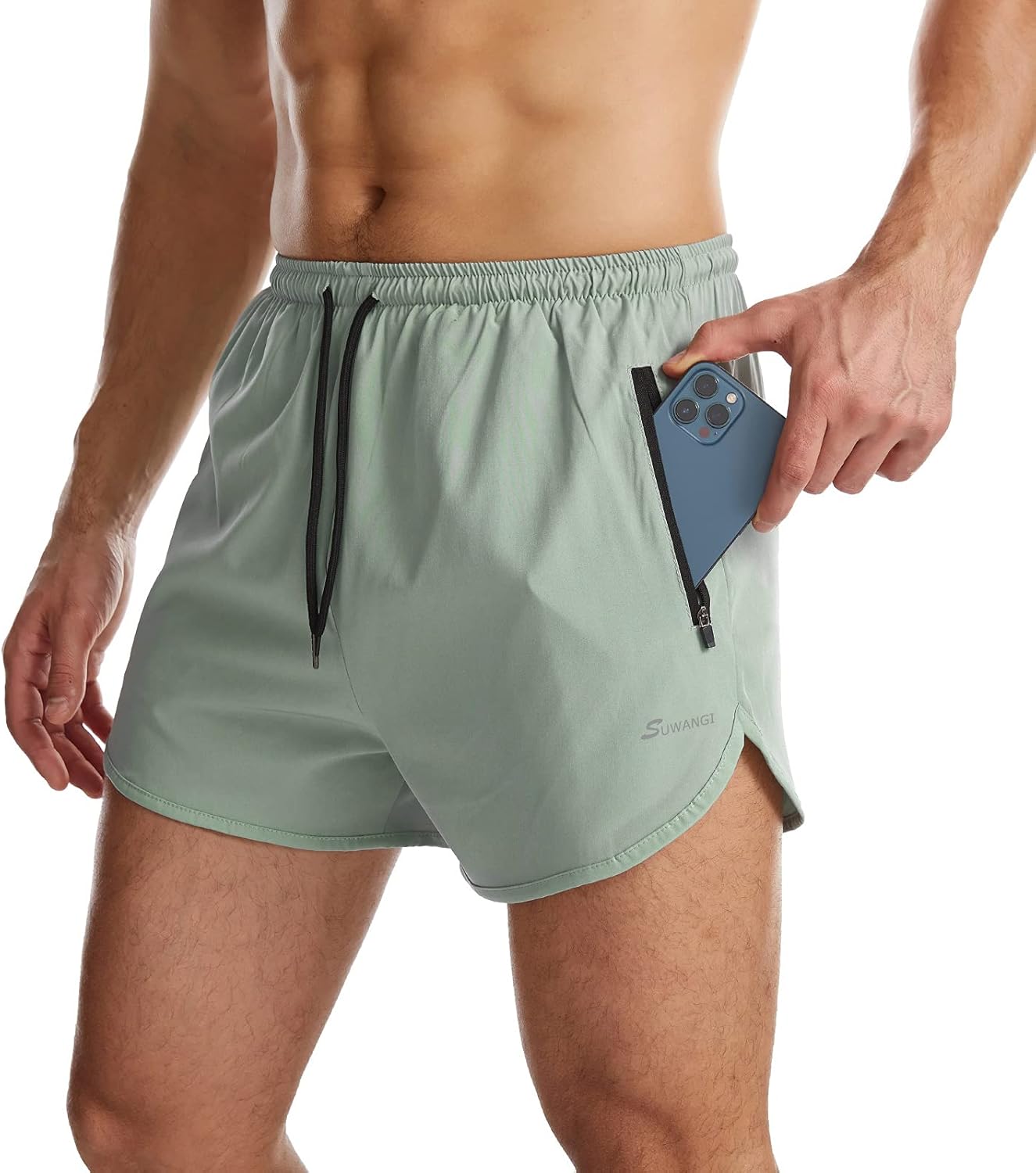 Suwangi Uomo pantaloncini da running 2 in 1 con asciugatura rapida e tasca interna con zip