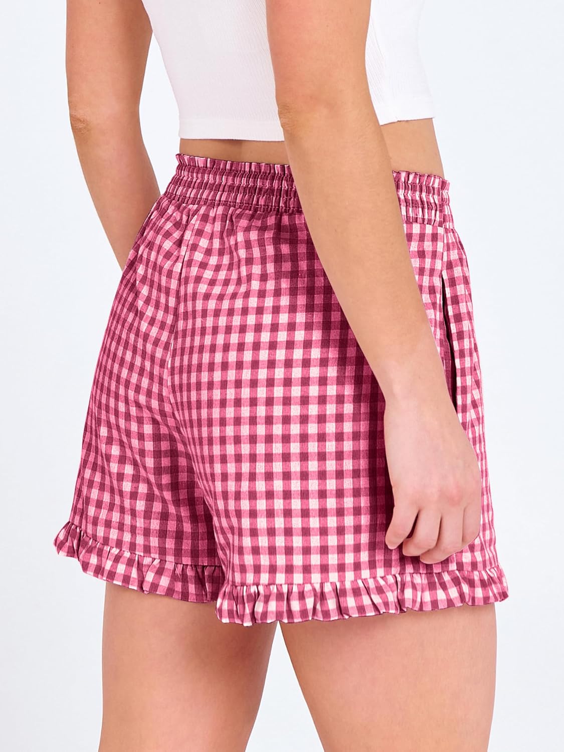 Thumbnail 3 de ANRABESS Women's Gingham Plaid Boxer Shorts with Elastic Waist and Ruffle