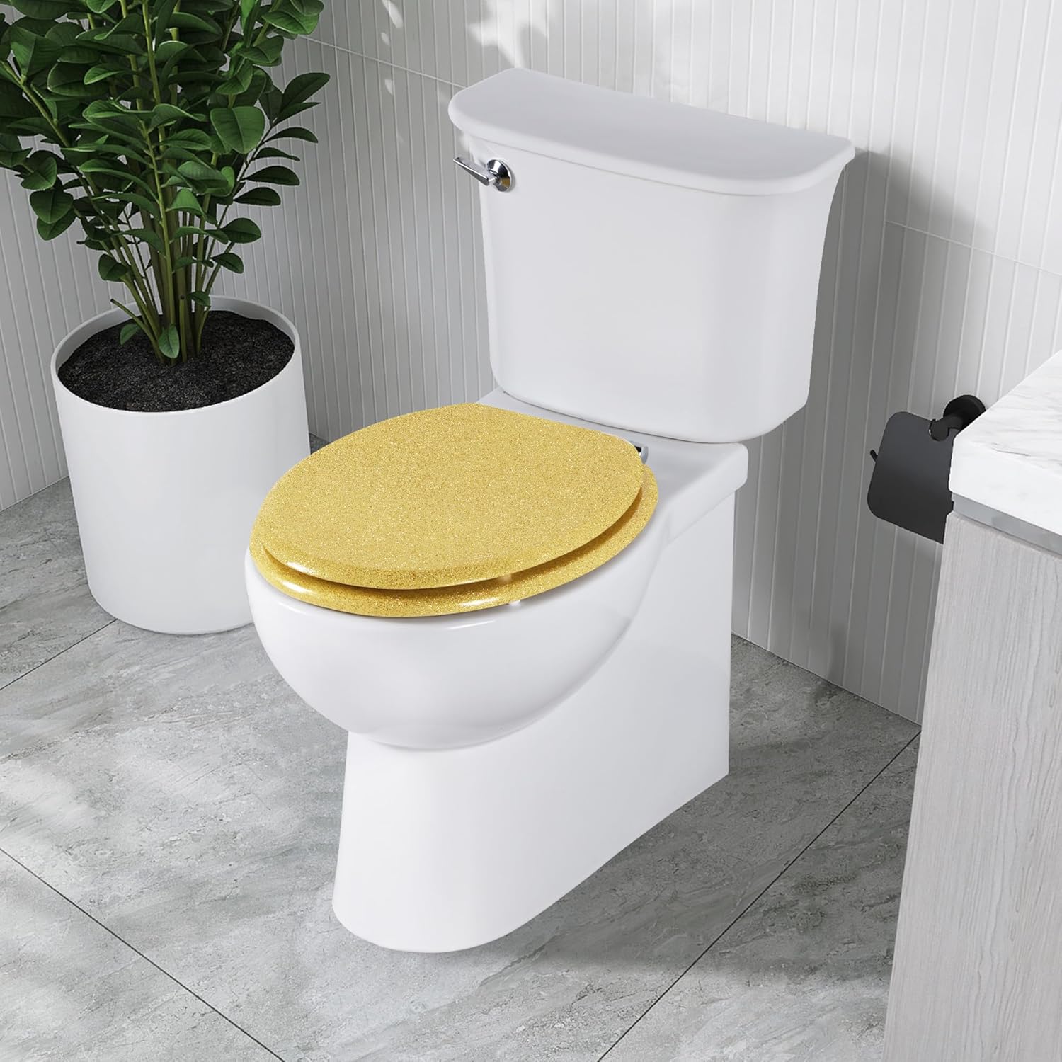 Thumbnail 6 de Angel Shield Glitter Moulded Wood Toilet Seat (Oval) with Quiet Close & Quick-Release Hinges – Gold Yellow Glitter, 45x37cm