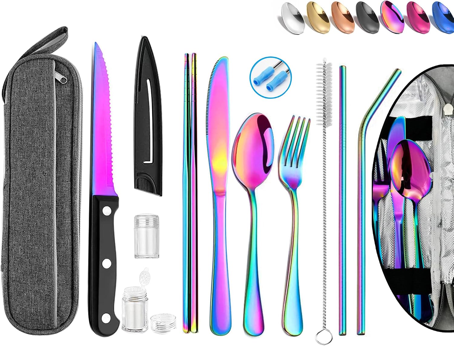 Hommaly Rainbow Stainless Steel Travel Utensil Set with Case, Chopsticks and Straws