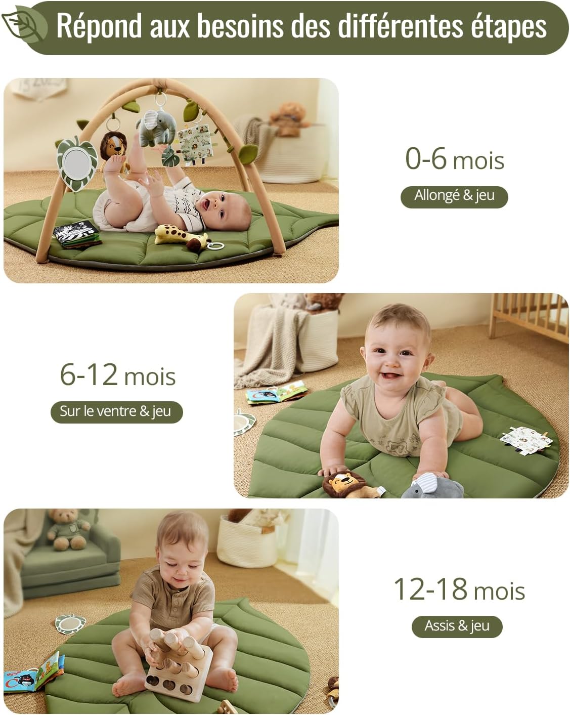 Thumbnail 4 de Blissful Diary Tapis d’éveil bébé avec arche amovible et 6 jouets – forme feuille, vert forêt