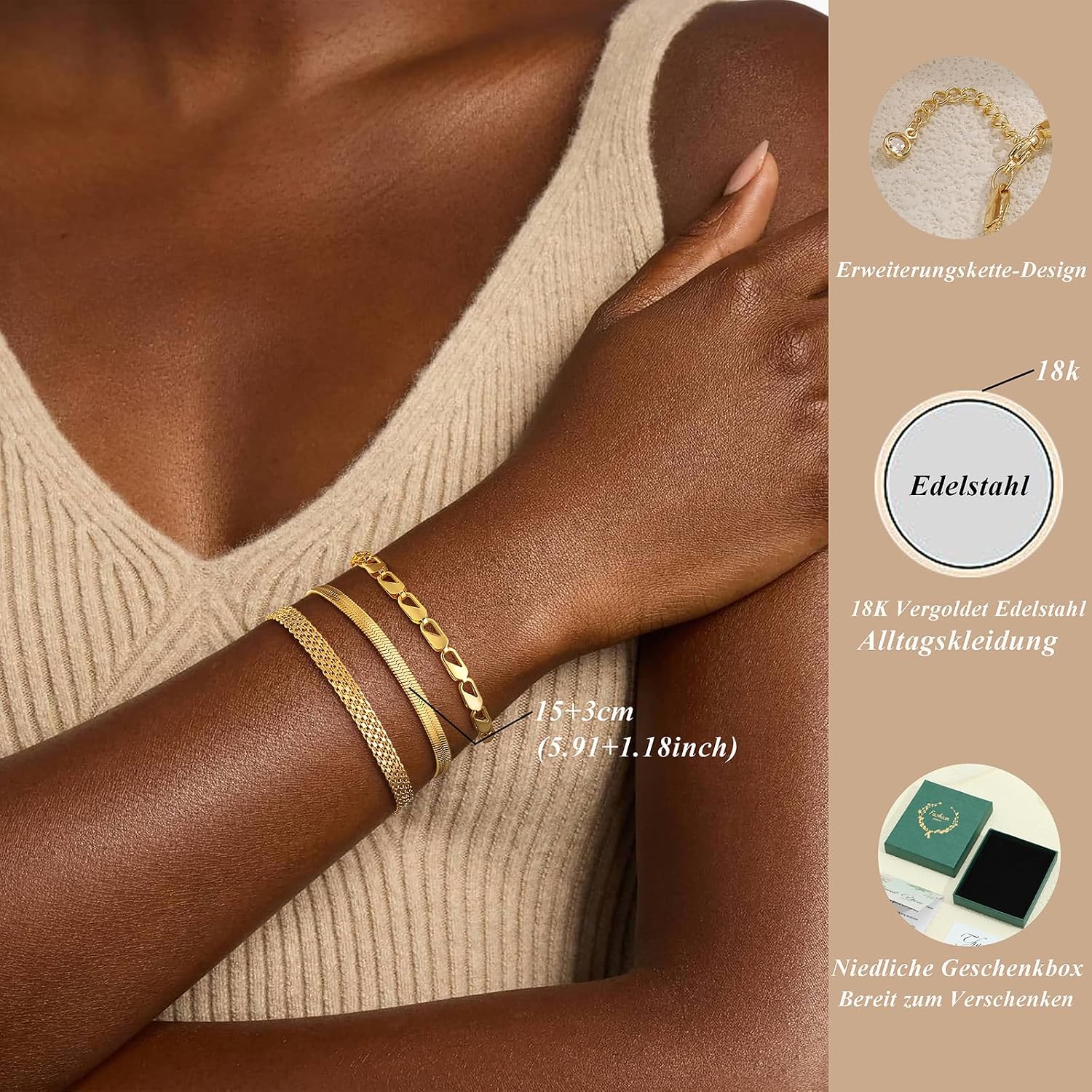 Detalle de FUNElA 3er Armband-Set Damen, vergoldet