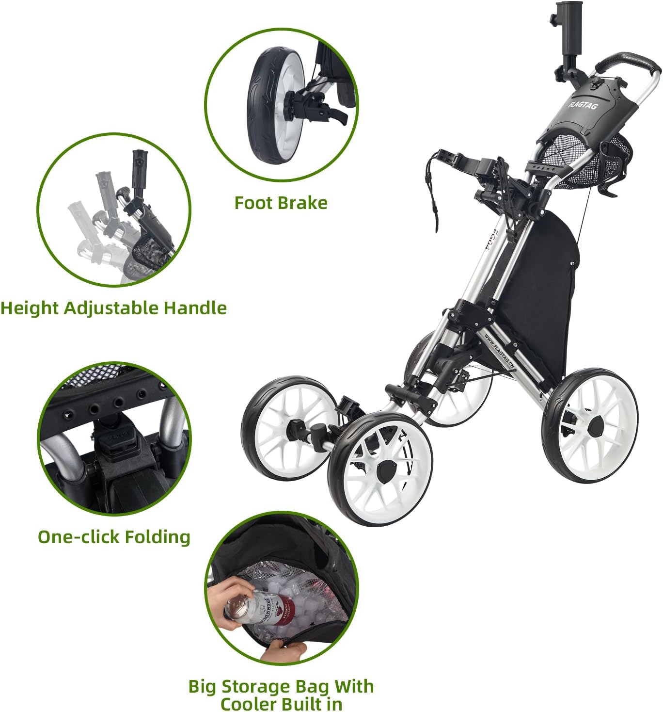 Thumbnail 2 de FLAGTAG Golf Push Cart 4-Wheels: Foldable 1-Click Aluminum Cart with Cup/ Umbrella Holders and Cooler