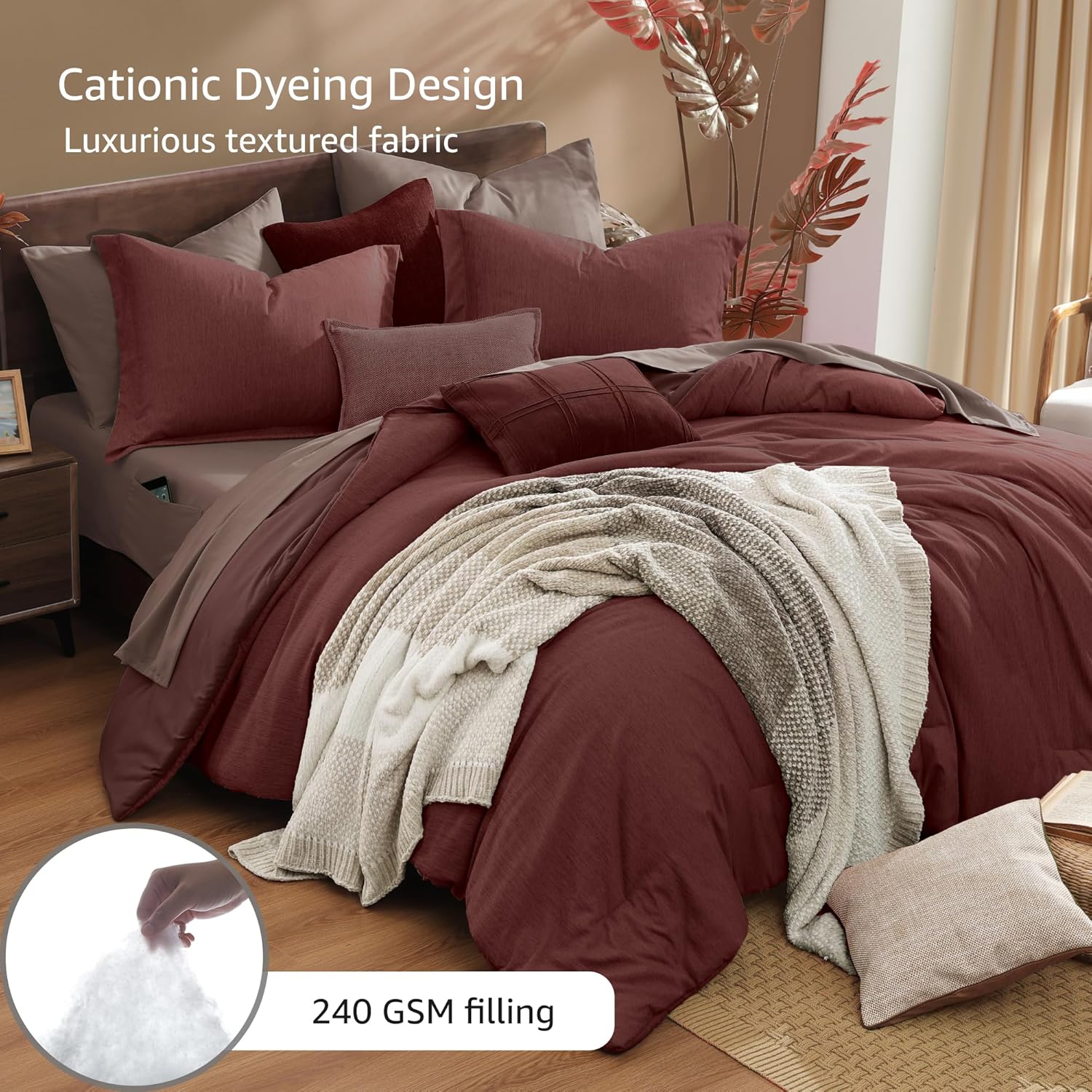 Detalle de Monbix Queen Comforter Set - 7 Pieces, Cationic Dyeing, Dark Red Bed in a Bag