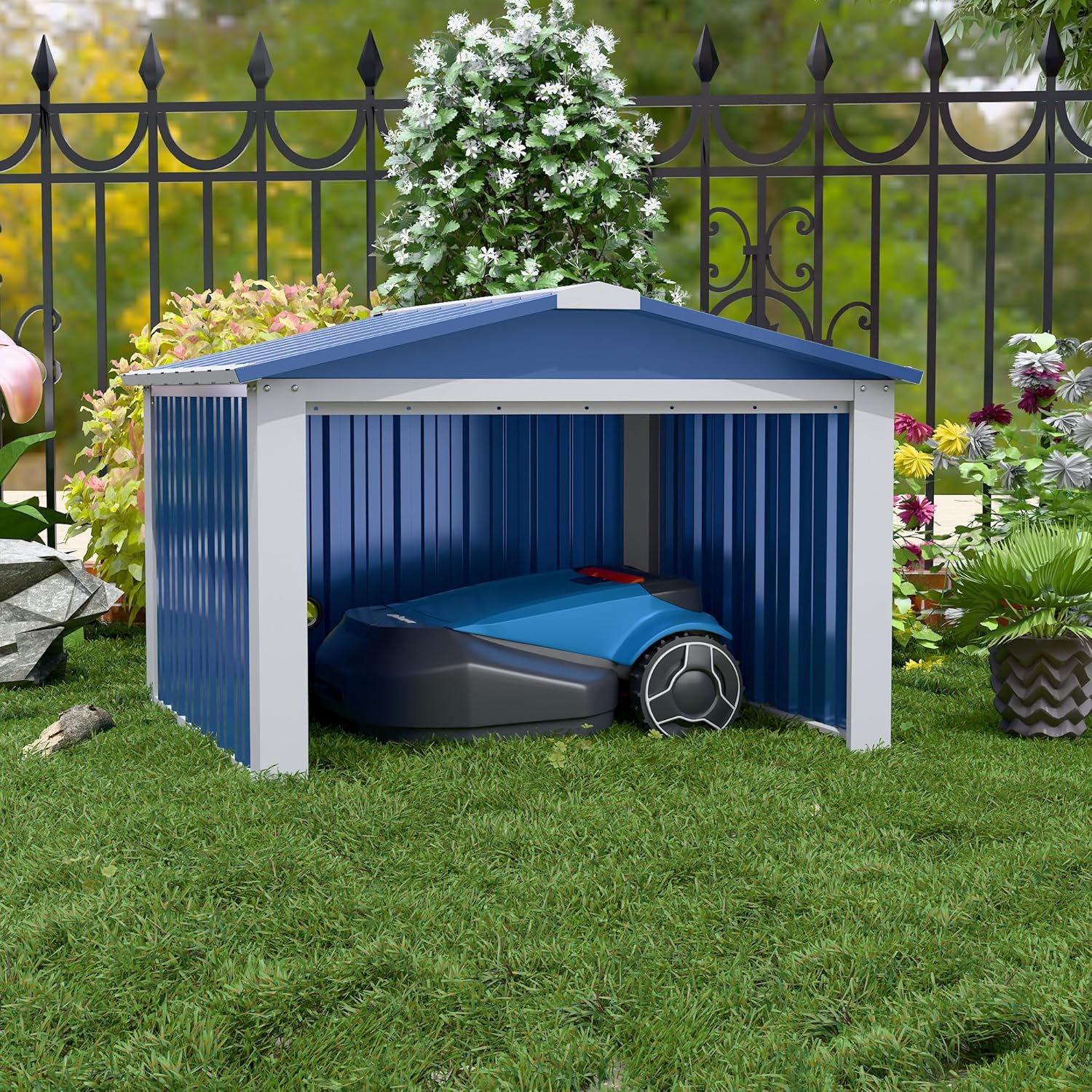 SUPEER Metall-Mähroboter-Garage mit Satteldach für Rasenmähroboter und Kleingeräte, schwarz (ca. 62 × 90,5 × 88,8 cm)