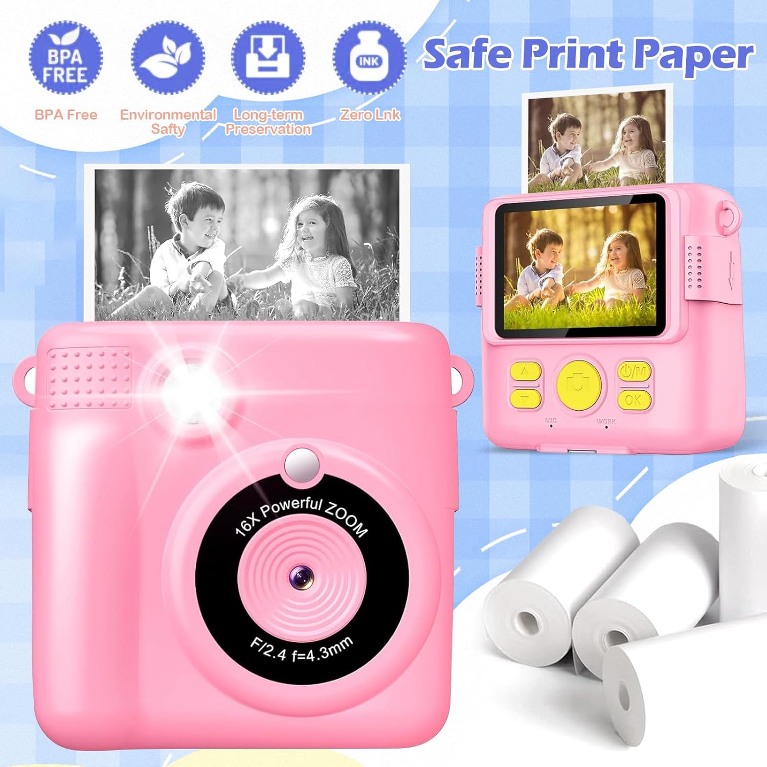 Thumbnail 2 de 10 rotoli carta termica 57x30 mm per mini stampanti e fotocamere istantanee per bambini (bianca, BPA free)