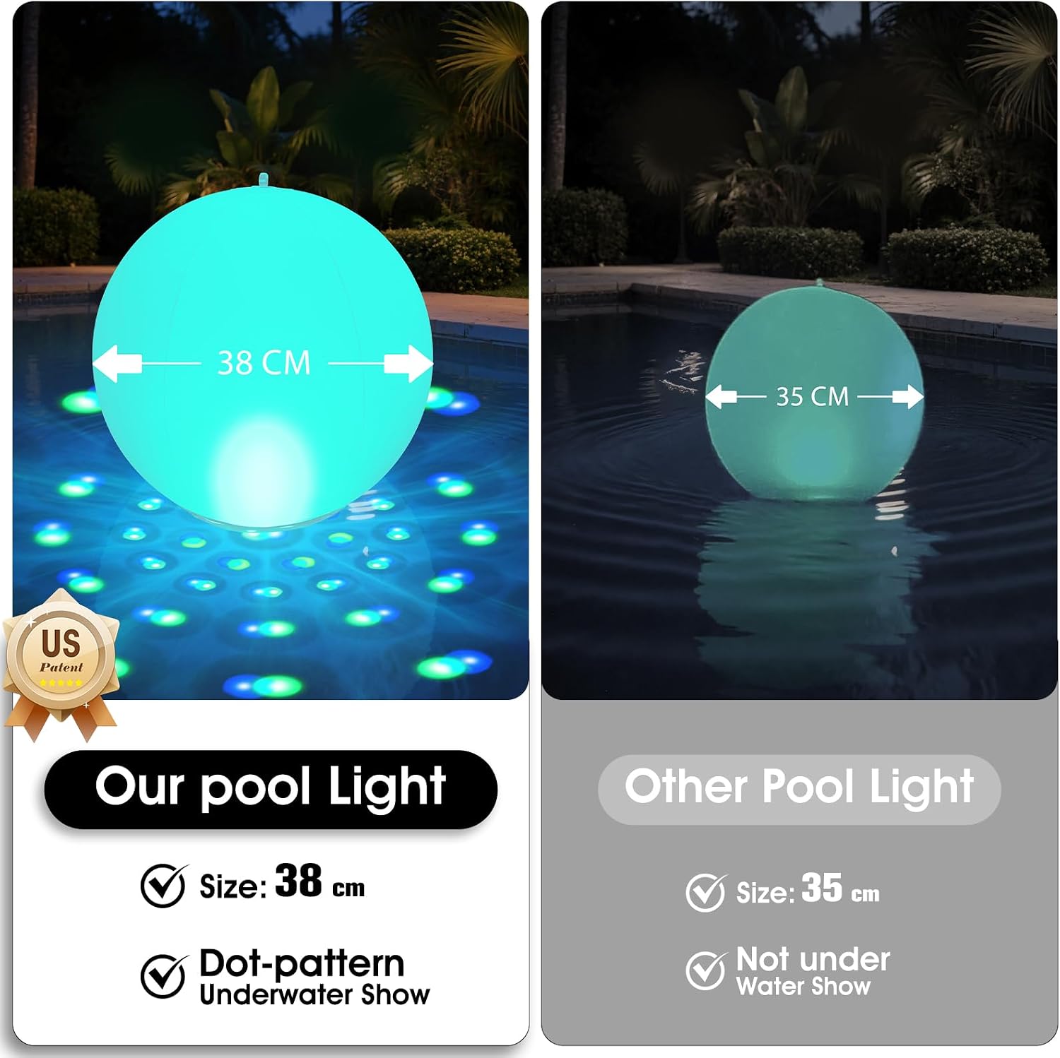 Detalle de KingSom 2026 Lumière Piscine Flottante — Boule lumineuse IP68 Ø38 cm, 2 pièces