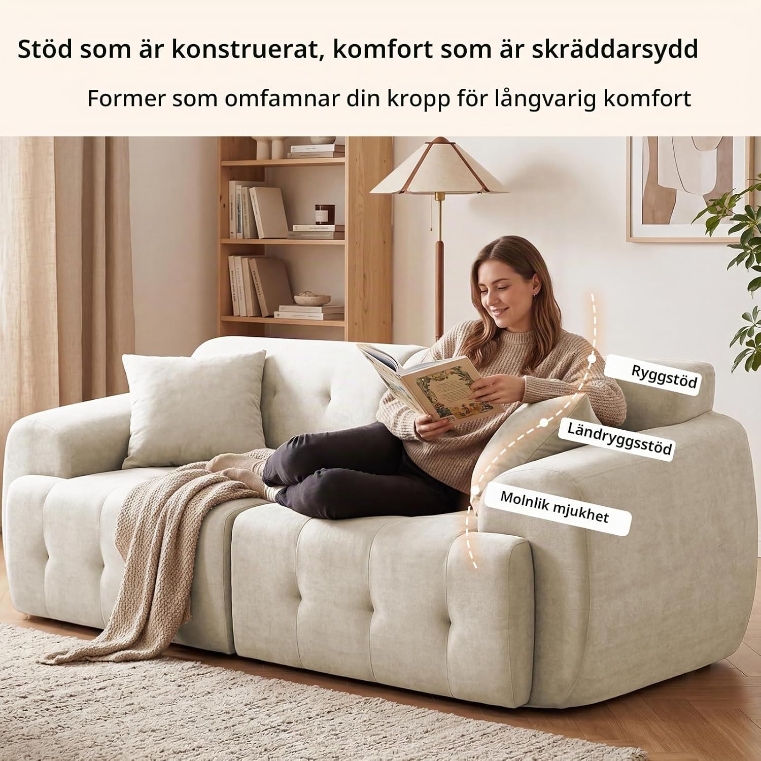 Detalle de COMHOMA B16 2-sitssoffa, beige golvsoffa 180 x 86 x 40 cm utan montering