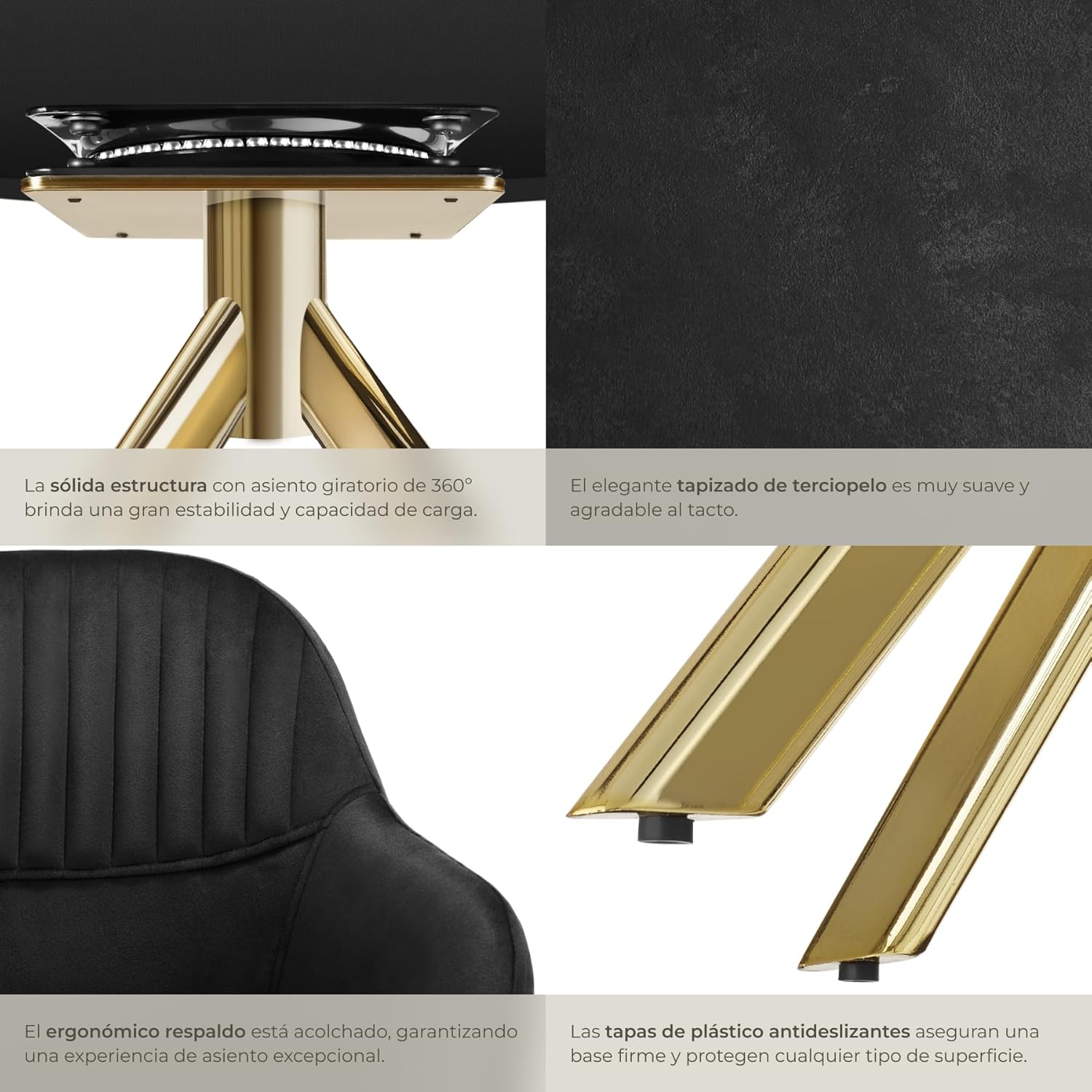 Thumbnail 6 de TecTake® Silla Giratoria Tapizada con Respaldo Continuo🪑 Negro/Oro (4 unidades)