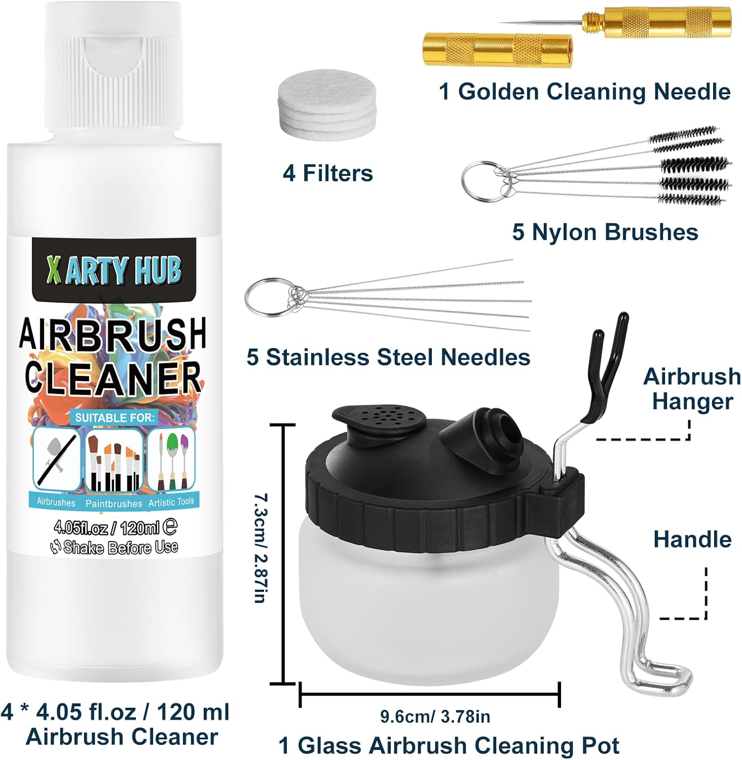 Thumbnail 5 de X ARTY HUB Kit de nettoyage d’aérographe – 4 flacons de 120 ml + pot avec support, brosses et filtres