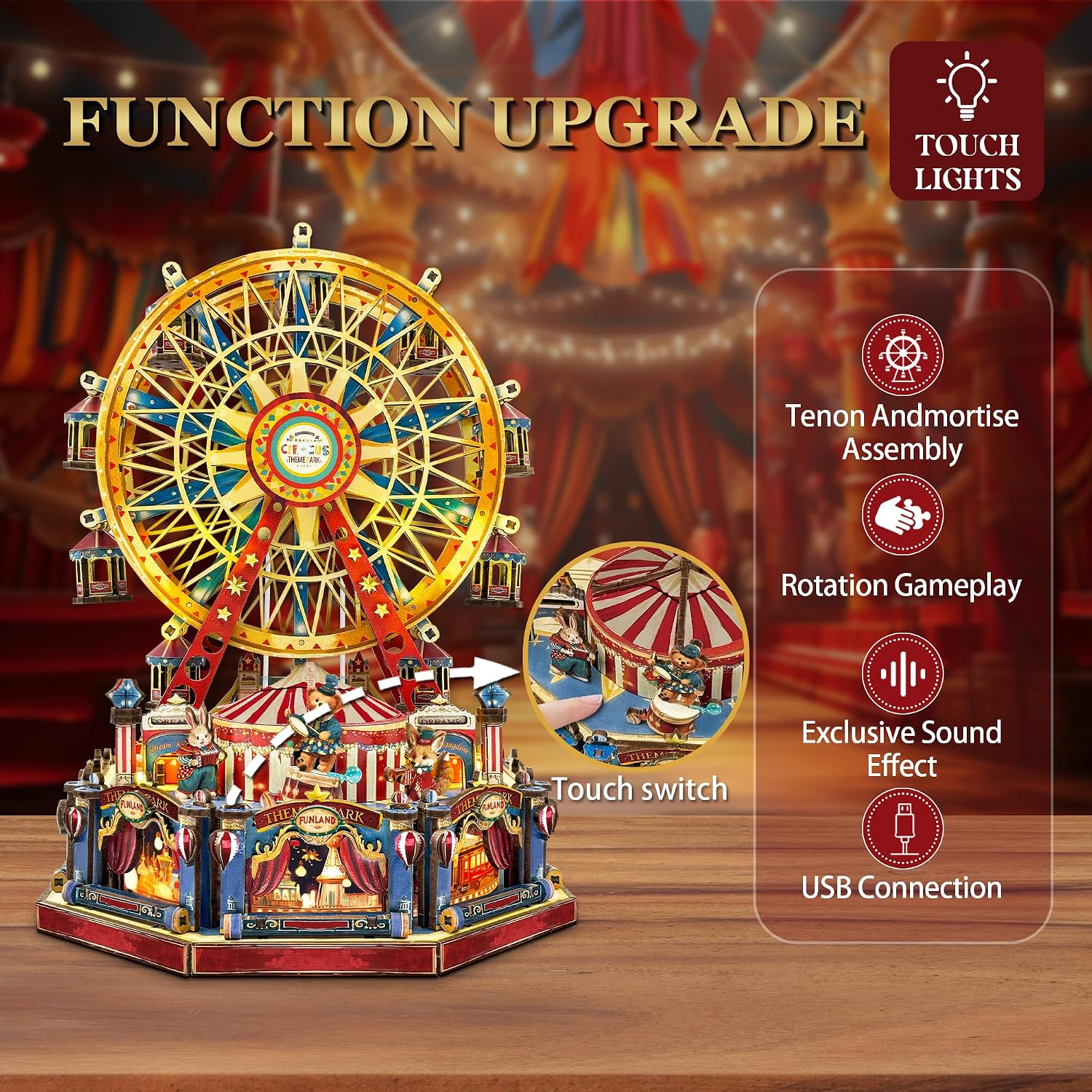Detalle de STRUCWOOD DIY 3D Holzpuzzle Riesenrad (Hundertjahr-Riesenrad) inkl. Lichtern & Musik – Miniatur-Zirkushaus als Bauset