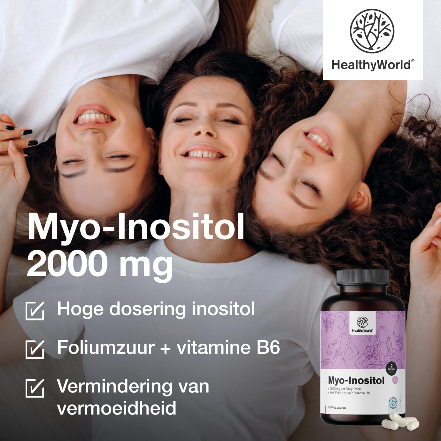 Detalle de HealthyWorld Myo-Inositol 2000 mg capsules met foliumzuur, B8 en B6