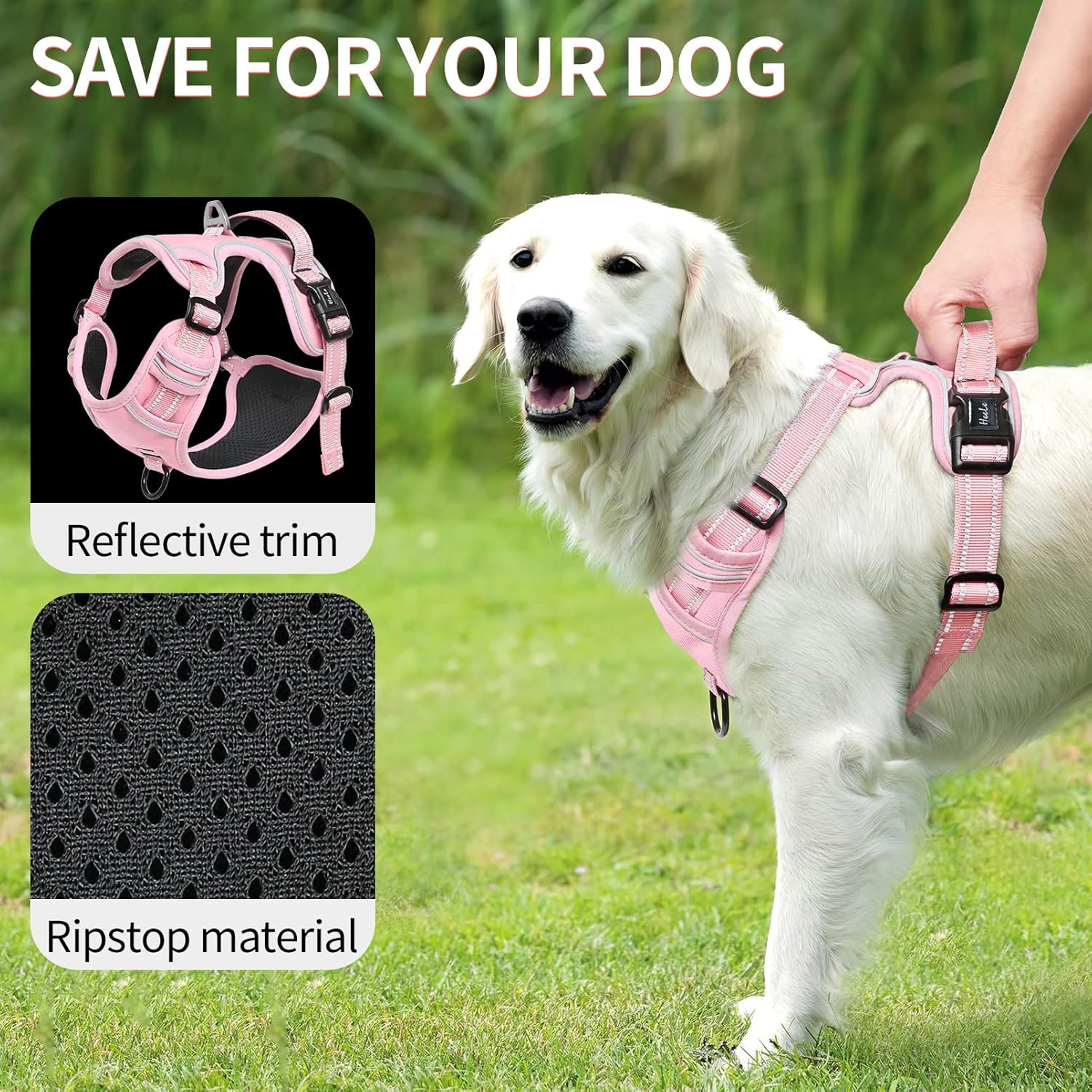 Detalle de HEELE No-Pull Hundegeschirr – verstellbar, atmungsaktiv, reflektierend, Pink, Größe M