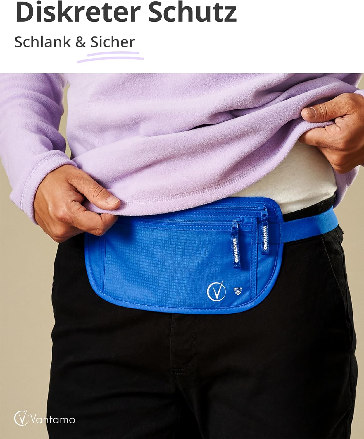 Detalle 2 de Vantamo Bauchtasche Damen ultraflach mit RFID-Schutz – Reise-Geldgürtel mit 2 Fächern und verstellbarem Gurt