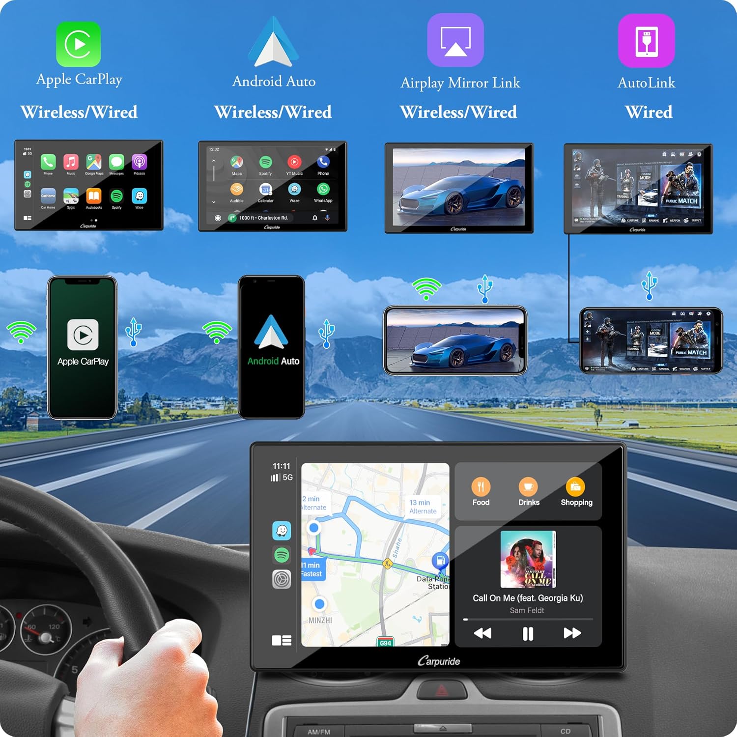 Detalle de Carpuride w901 Pro Wireless CarPlay & Android Auto with Backup Cam
