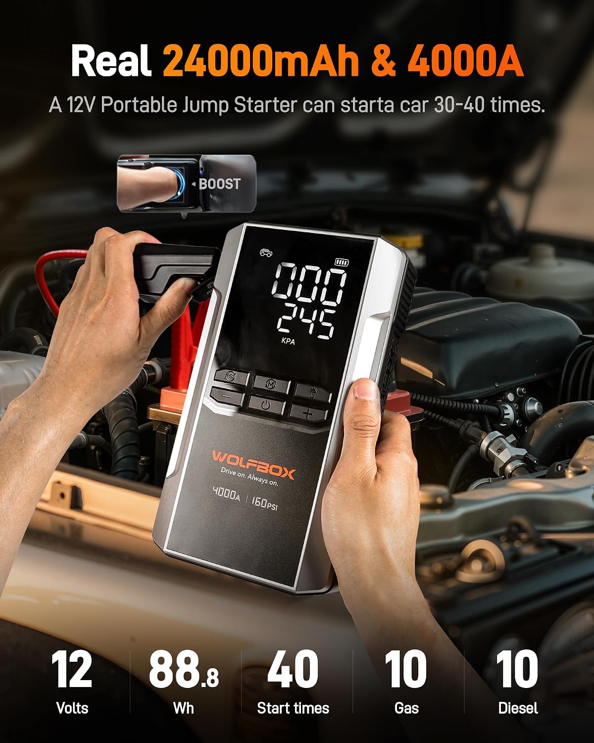 Detalle de WOLFBOX 4000A Jump Starter with 160PSI Compressor