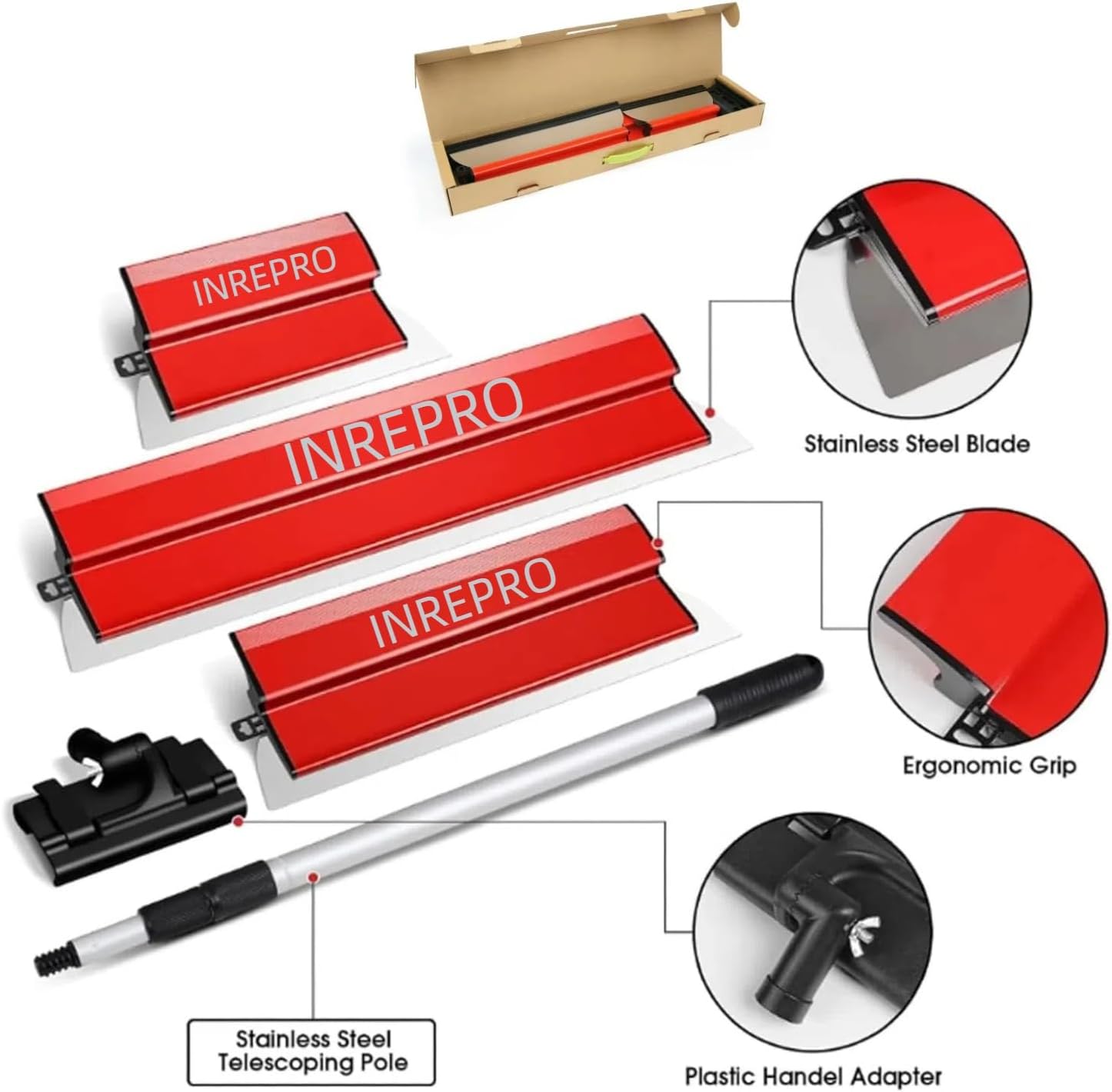 Detalle de INREPRO Lame d'écrémage pour Cloison Sèche — Kit de spatules 25/40/60 cm avec manche télescopique 70–158 cm