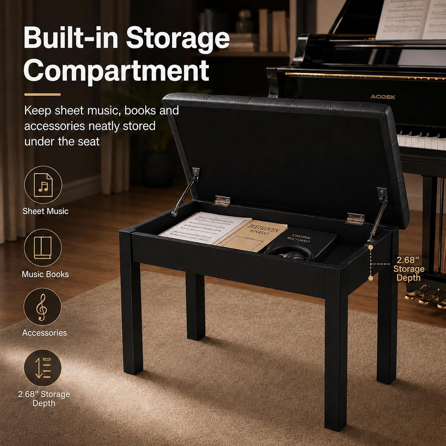 Detalle 2 de AODSK GQY-BLK-SBN1 Wooden Duet Piano Bench, Black, Padded Seat and Storage