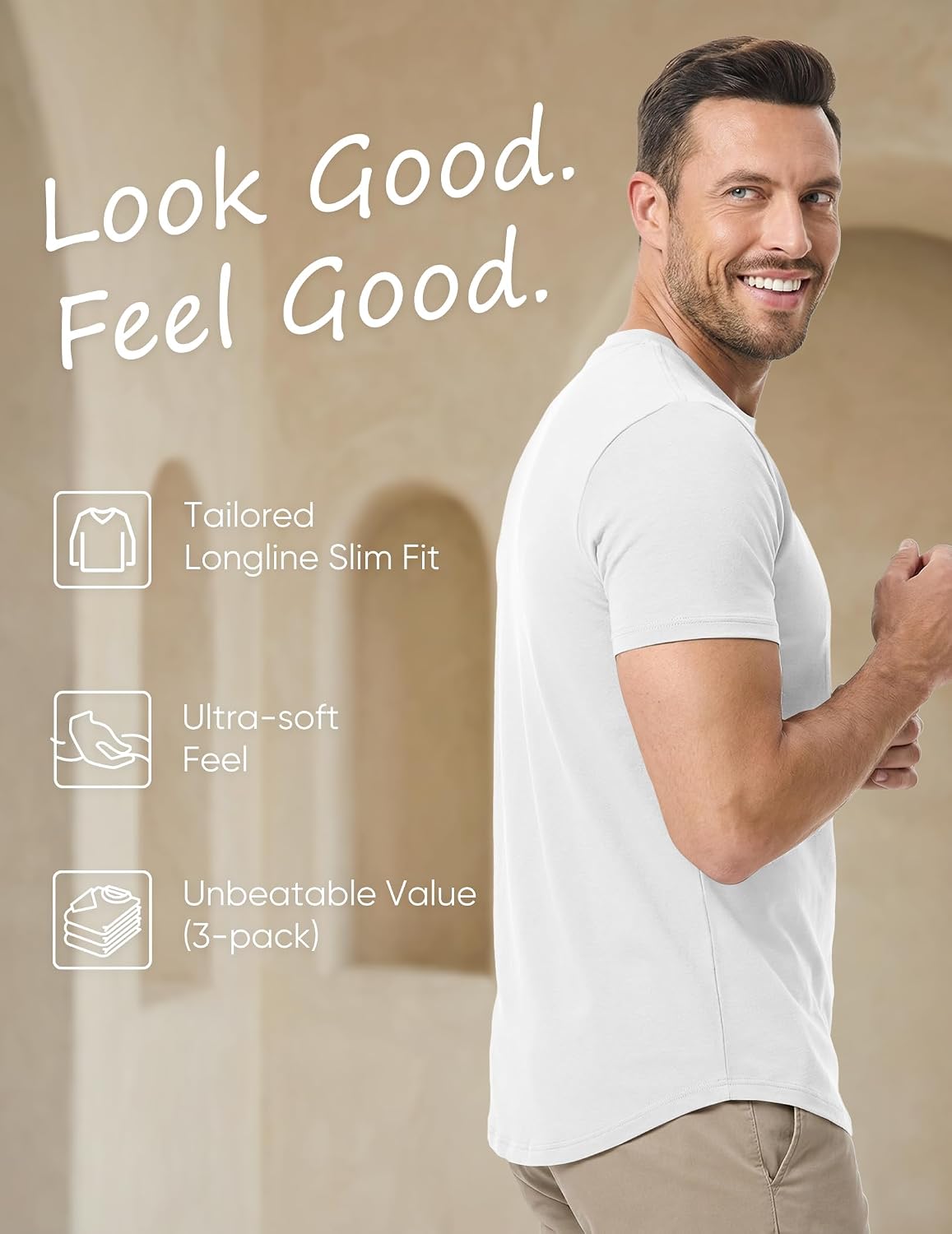 Detalle de JMIERR Men's 3-Pack Cotton Hipster Longline Crewneck T-Shirts