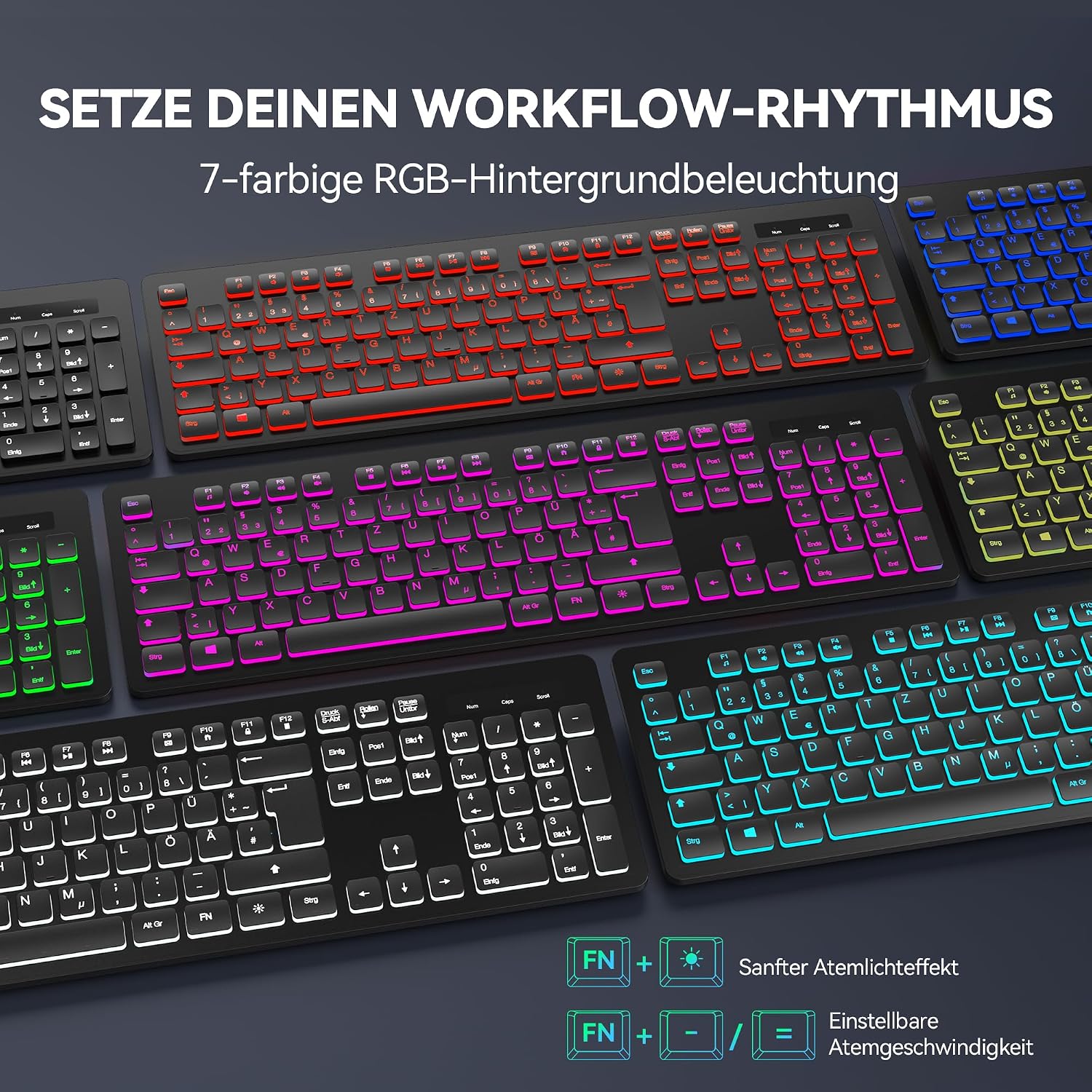 Thumbnail 1 de TECKNET kabelgebundene USB-Tastatur mit 7-Farben RGB-Hintergrundbeleuchtung, Deutsches QWERTZ Vollgröße, spritzwassergeschützt und leise