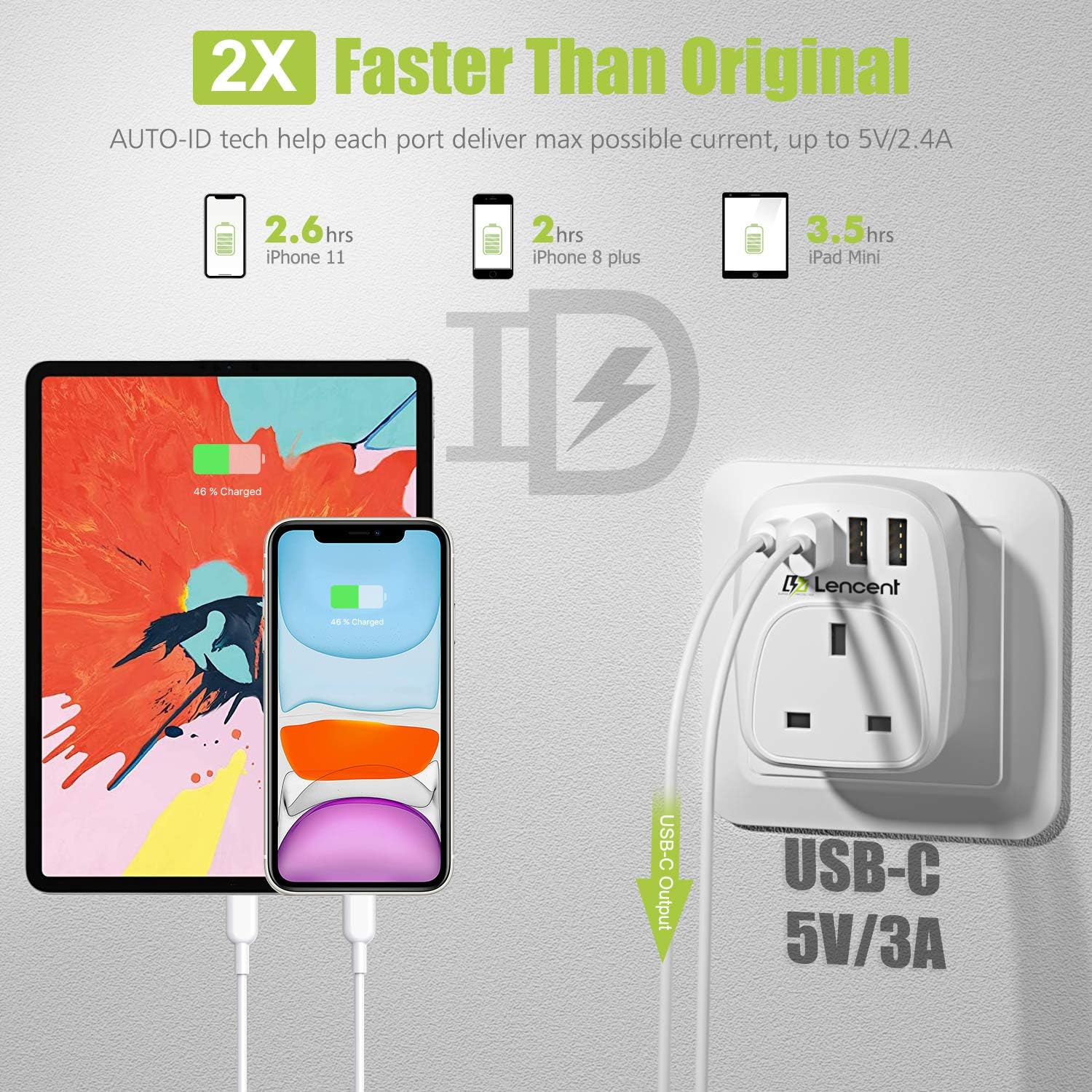 Detalle de LENCENT UK to EU Travel Adapter with USB-C 2-pack 🔌